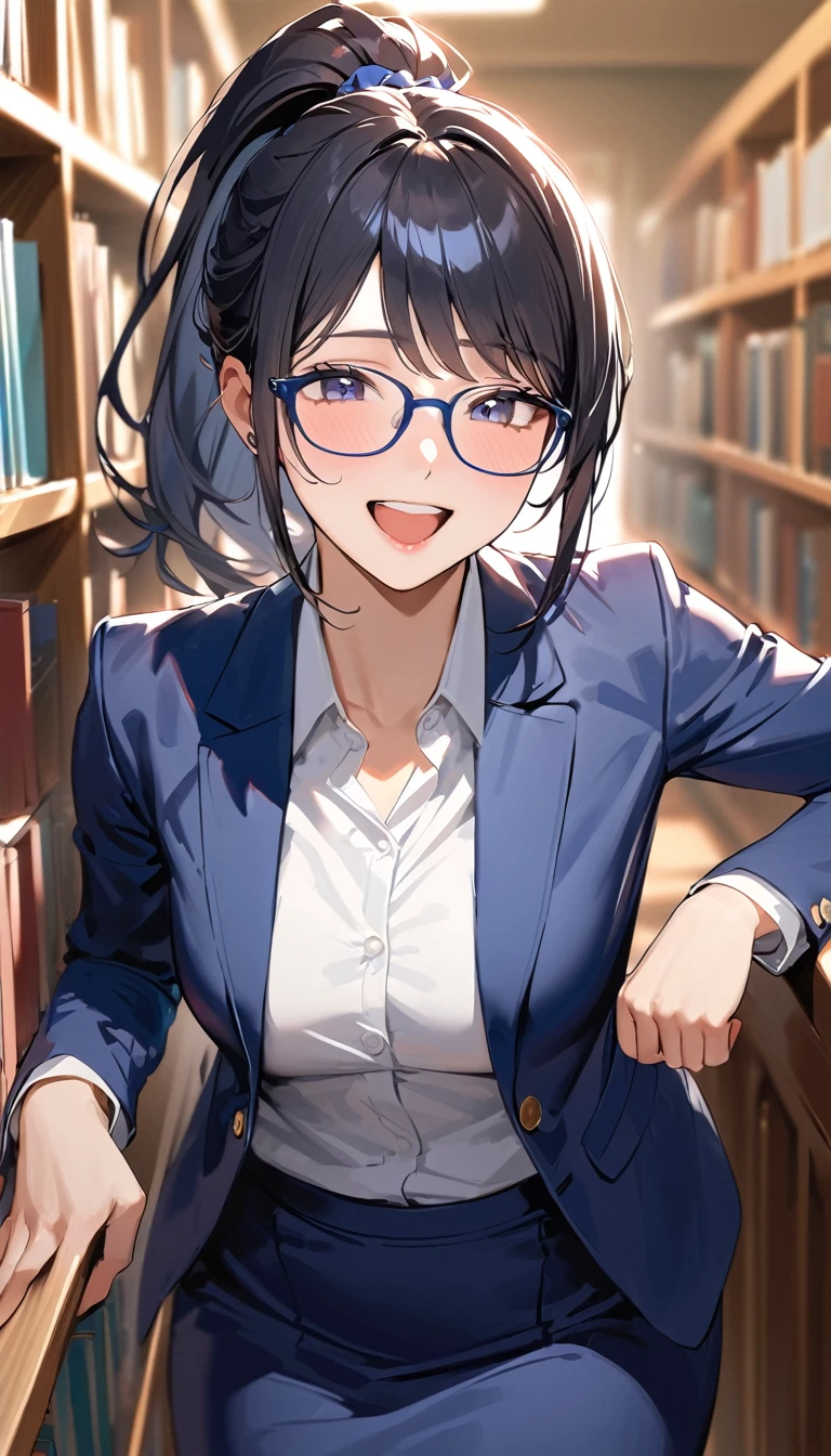 super detail, best quality, 18 yeaes old, a woman, ponytail, Black Hair, Glasses, (Joy),front,Navy blue blazer, White shirt, Navy blue long skirt, high school student,Barely,In the library,Blurred background
