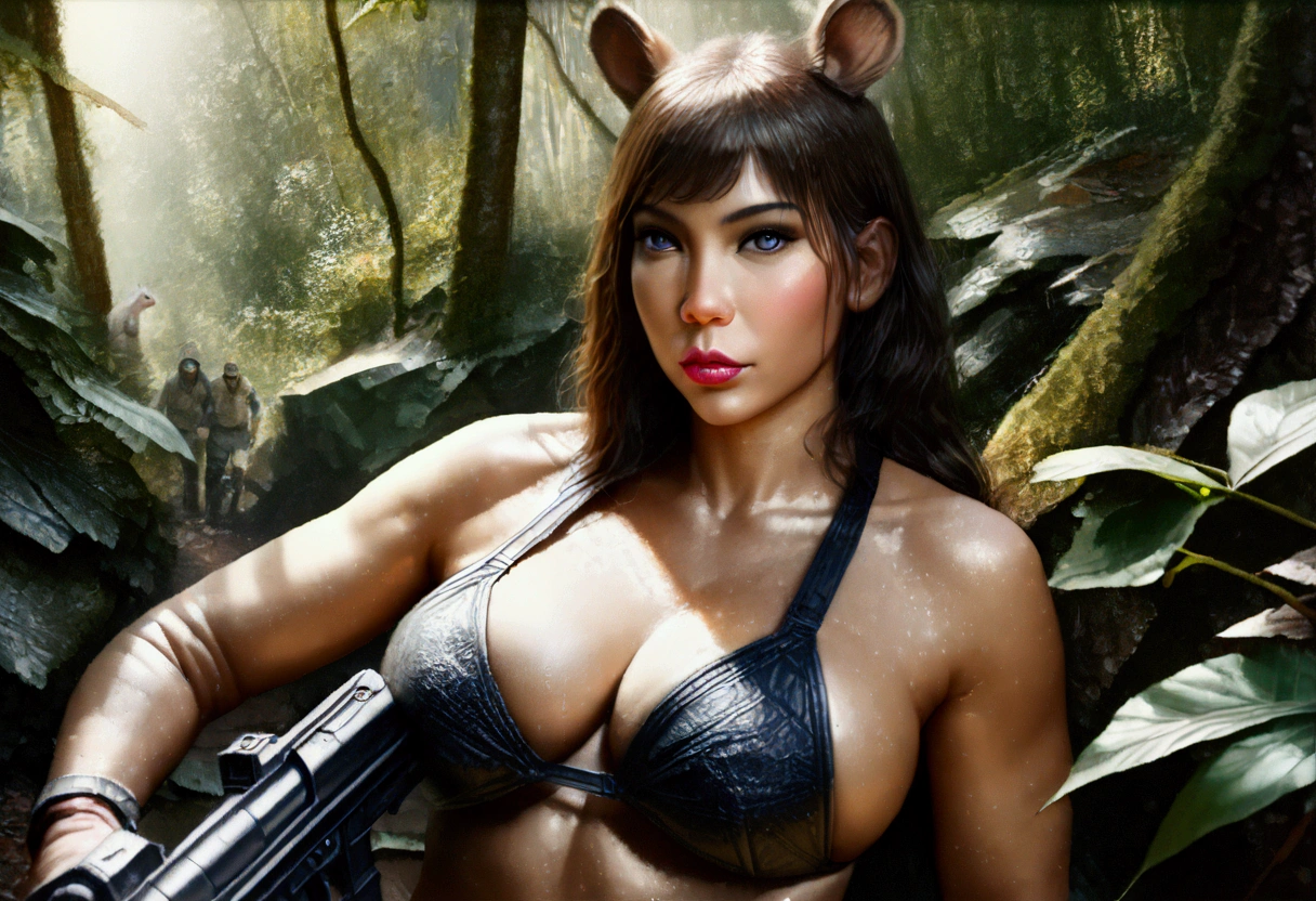 a cute furry alien female chipmunk woman in a sexy furry bikini, with huge eyes and huge breasts, athletic body with body fur, holding a blaster pistol, sneaking up on an Imperial base in a forest, (best quality,4k,8k,highres,masterpiece:1.2),ultra-detailed,(realistic,photorealistic,photo-realistic:1.37),highly detailed face, extremely detailed eyes, beautiful detailed lips, longeyelashes, intricate fur details,lush foliage, dramatic lighting, vibrant colors, cinematic composition
