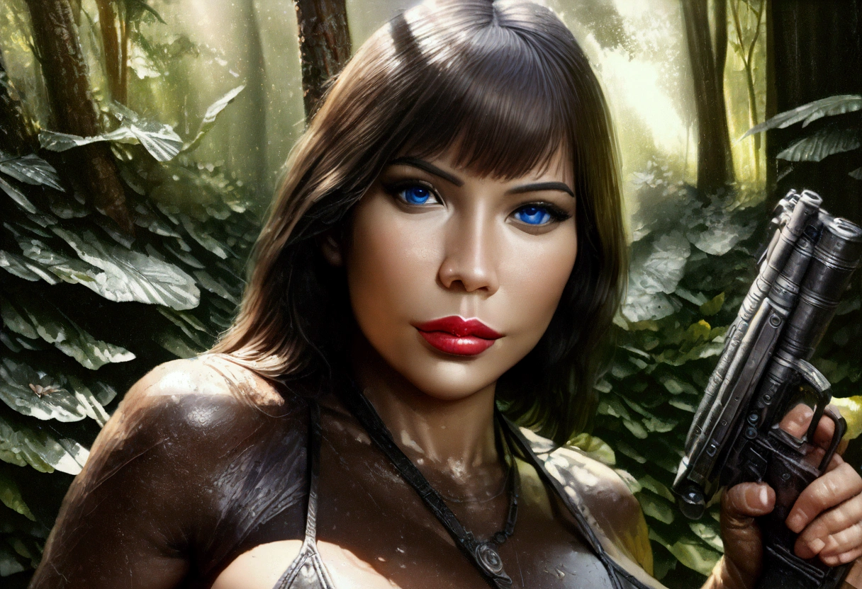a cute furry alien female chipmunk woman in a sexy furry bikini, with huge eyes and huge breasts, athletic body with body fur, holding a blaster pistol, sneaking up on an Imperial base in a forest, (best quality,4k,8k,highres,masterpiece:1.2),ultra-detailed,(realistic,photorealistic,photo-realistic:1.37),highly detailed face, extremely detailed eyes, beautiful detailed lips, longeyelashes, intricate fur details,lush foliage, dramatic lighting, vibrant colors, cinematic composition