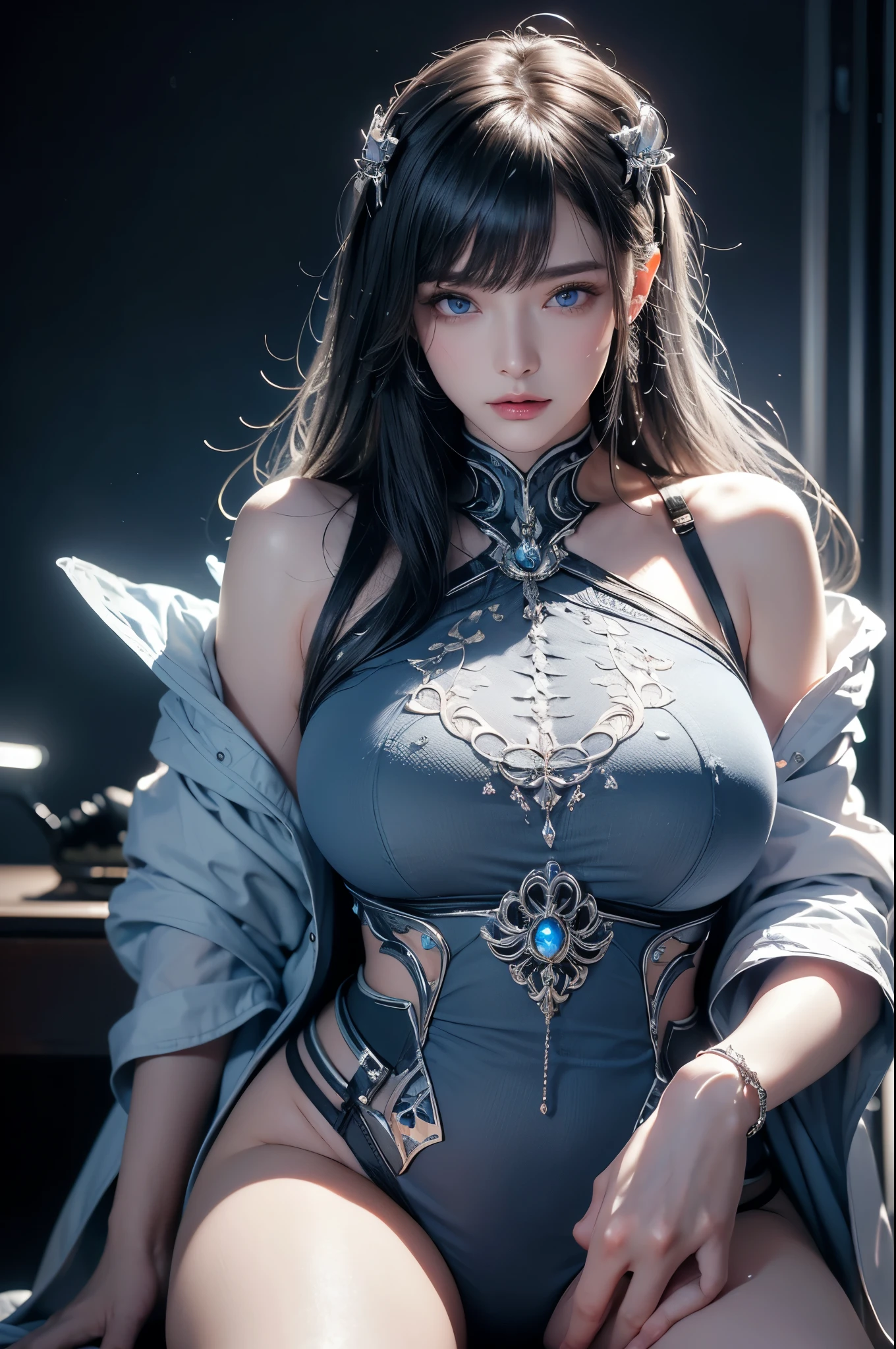 masterpiece, Highest quality, Very detailed, To the camera, 複雑に詳細なVery detailed, Realistic, Sharp features, Very detailed, Sharp focus, Perfect Face, Perfect Face, Perfect symmetry and perfect eyes, Perfect Plump Lips, Flexible female form, Cinematic, Film Light, Very detailed, hyper Realistic, masterpiece, Atmospheric, High resolution, Vibrant, Dynamic Studio Lighting, ((Dark Background)), The expression when enduring pleasure, Straight bangs, blue eyes,Kneeling with hands on crotch、Butt、Sexually aroused expressions、No clothes、NSFW,((top quality、8k、masterpiece:1.3))Wears a silver-white mech,girl with delicate face,Highest image quality,Ultra-clear,Delicate and clear facial features,end of the world,Mechanical arm,Exquisitely detailed mechanical pattern,Cyberpunk characters、numbercity、number、century、throne