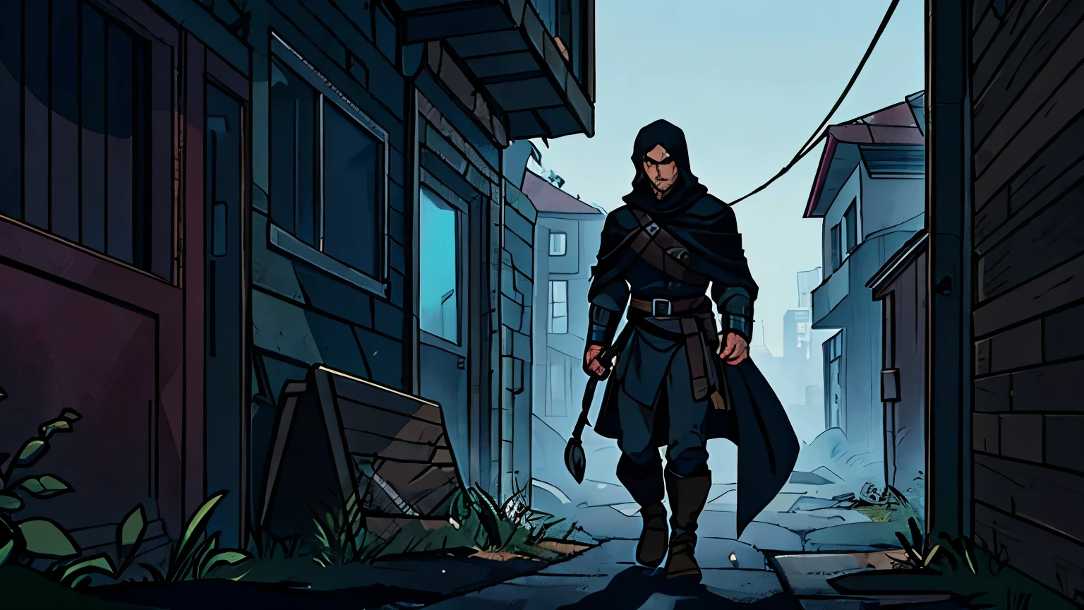 Medium shot, eye level, following a cloaked figure a a 28-year-old male rogue mercenary with a rugged, scarred face, gray eyes, a brooding and introspective expression, dark tousled hair partially covered by a hood, and soft, diffused lighting that highlights his scars and eyes against a blurred walking through desolate, abandoned streets. The houses are dilapidated and the streets are overgrown with weeds