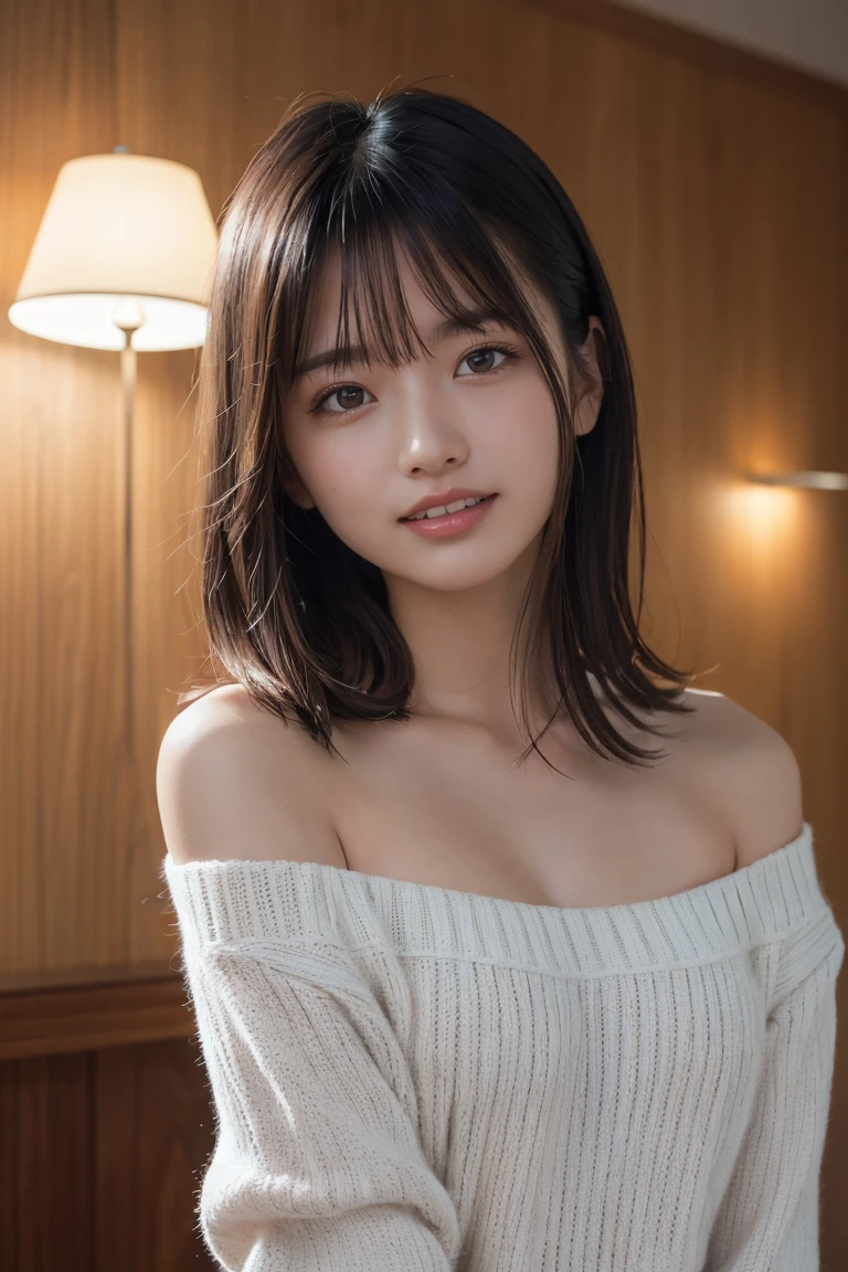 Tabletop, Highest quality, 8k, ((30 years old, 20th generation,,Mature)), RAW Photos, Absurd, Award-winning portrait, A cheerful smile, White teeth,The corners of the mouth turn up,alone, (night:1.8), Idol Face, Delicate girl,Delicate body, Upper Body, Digital SLR, View your viewers, Frank, Sophisticated,Thin arms, Thin body,Stroking the shoulder,Long, thin neck,Professional Lighting, Film Grain, chromatic aberration, (Eyes and 顔s with detailed:1.0) , Black-haired , shortcut,Bans, double eyelid, drooping eyes , Small breasts,Knitted Products,White knitwear,Knitted Products,texture,Too much exposure,shoulders protruding,((Drop shoulder)),I can see your chest,Cleavage,胸に光がShine,Shiny breasts,Shine胸,Shine,