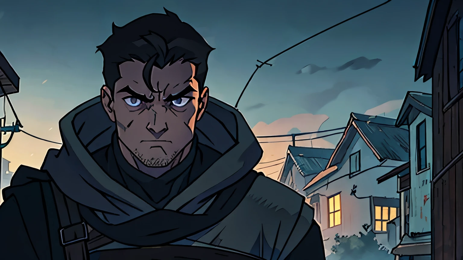 Medium shot, eye level, following a cloaked figure a a 28-year-old male rogue mercenary with a rugged, scarred face, gray eyes, a brooding and introspective expression, dark tousled hair partially covered by a hood, and soft, diffused lighting that highlights his scars and eyes against a blurred walking through desolate, abandoned streets. The houses are dilapidated and the streets are overgrown with weeds