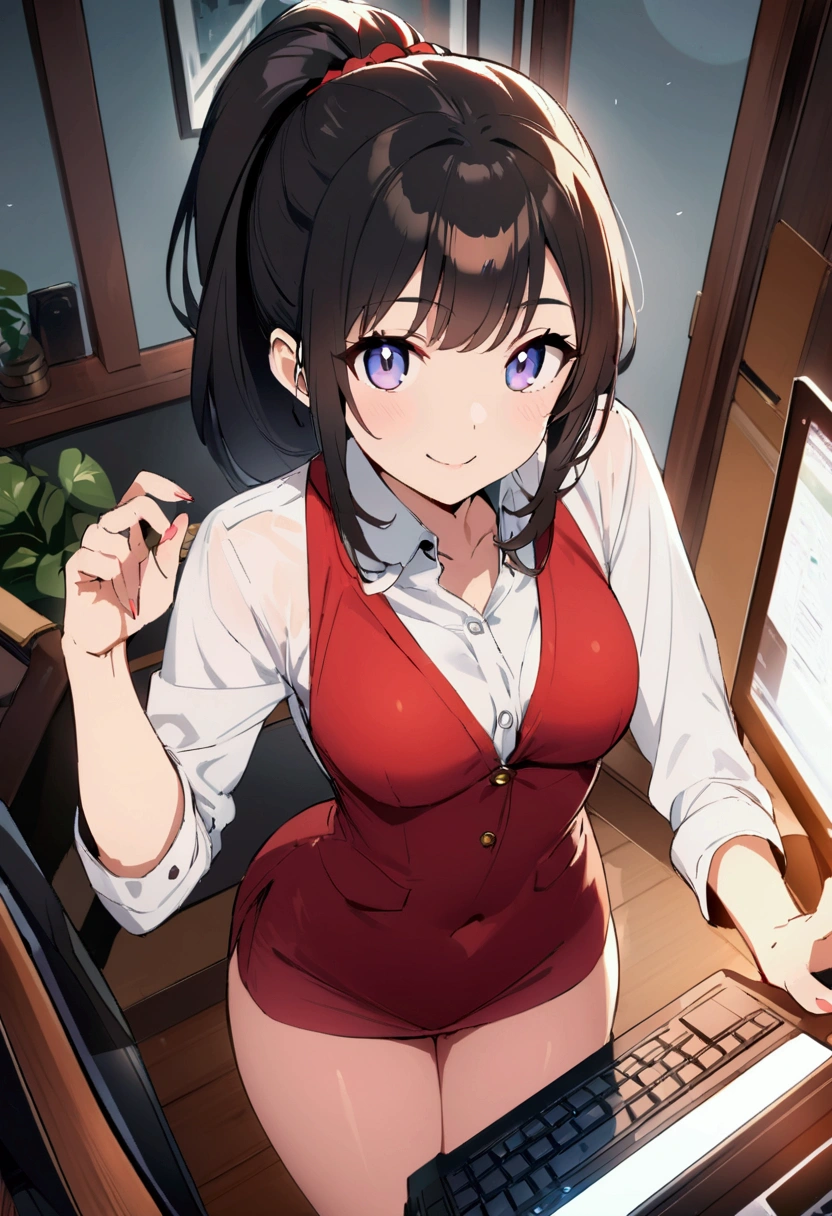 (high resolution,high quality)anime、Beauty、cute、Stylish、ponytail、Sexy、View your viewers、smile、In a beautiful house、computer、Working