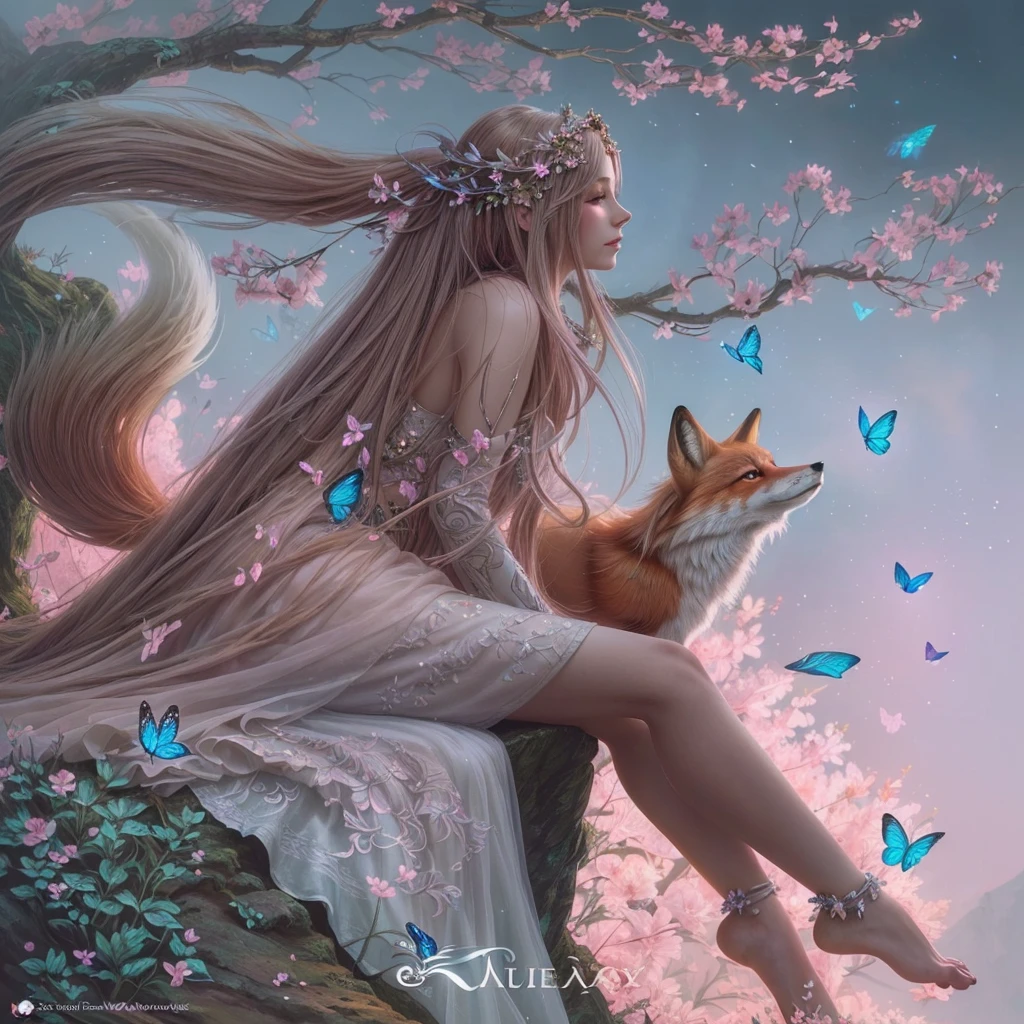 a woman sitting on a rock with a fox and butterflies, fantasy art style, very beautiful fantasy art, beautiful fantasy art, ethereal fox, digital art fantasy, digital art fantasy art, fantasy fox love, fantasy style art, detailed fantasy digital art, anime fantasy illustration, a beautiful fox lady, beautiful detailed fantasy, detailed fantasy art, goddess of spring, beautiful fantasy painting