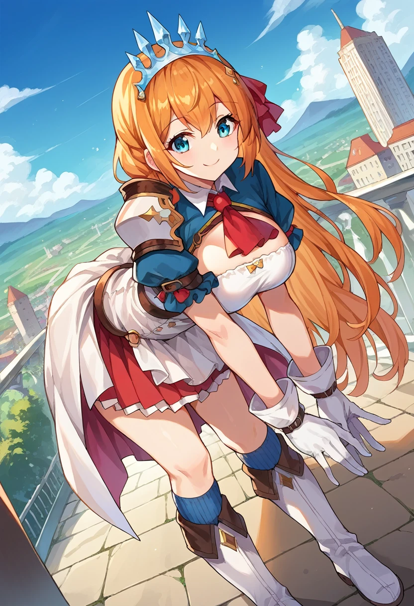 score_9, score_8_up, score_7_up, source_anime, pecorine, pecorine, blue eyes, hair ornament, long hair, orange hair, tiara, braid, hair braid, smile, mature female, arm belt, armor, ascot, blue socks, boots, dress, gloves, hair ornament, open clothes, open dress, pauldrons, pleated skirt, puffy short sleeves, puffy sleeves, red ascot, red skirt, short sleeves, shoulder armor, single pauldron, skirt, socks, white dress, white footwear, white gloves, outdoors, cityscape, bent over, looking at viewer, dutch angle, cowboy shot