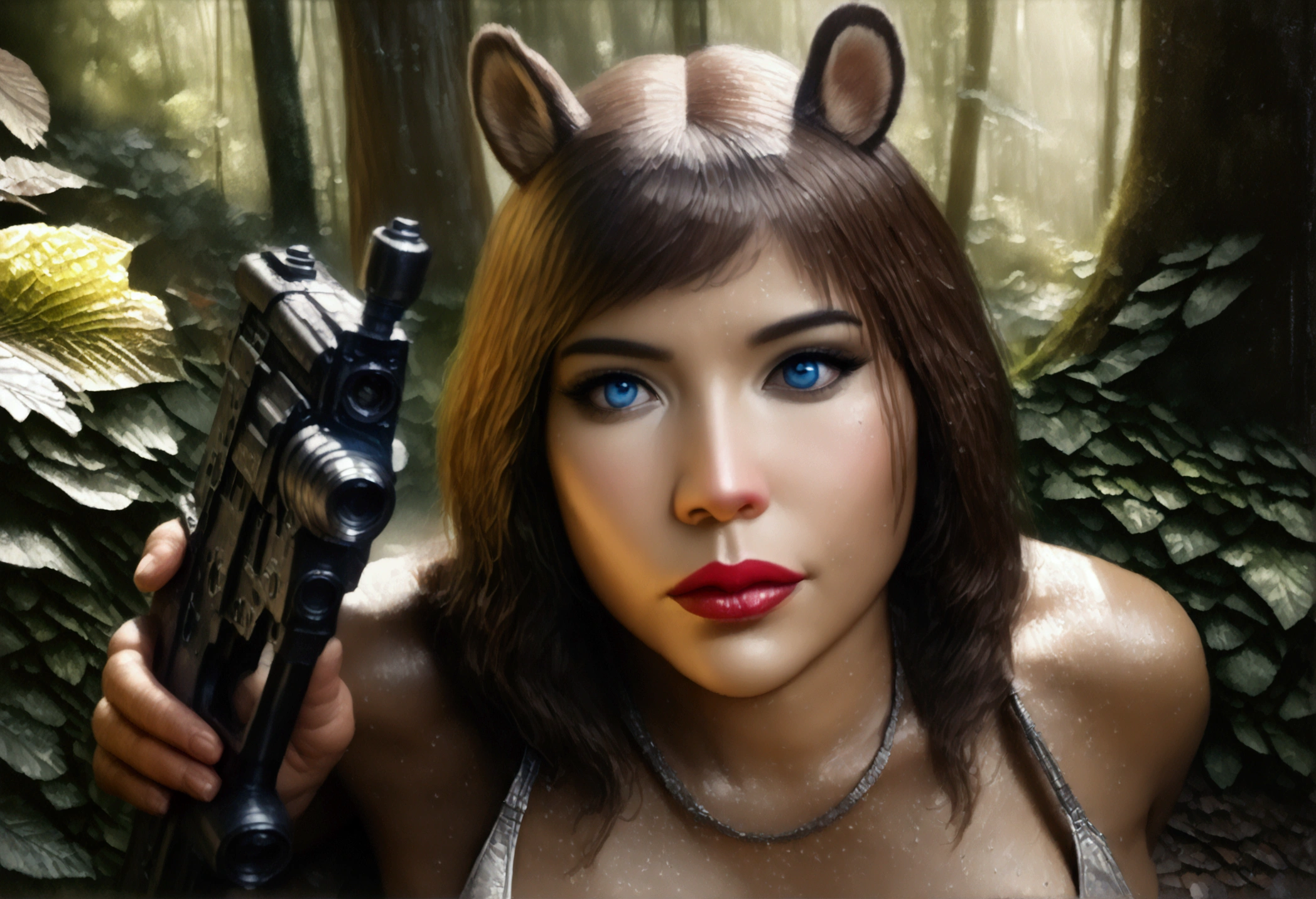 a cute furry alien female chipmunk woman in a sexy furry bikini, with huge eyes and huge breasts, athletic body with body fur, holding a blaster pistol, sneaking up on an Imperial base in a forest, (best quality,4k,8k,highres,masterpiece:1.2),ultra-detailed,(realistic,photorealistic,photo-realistic:1.37),highly detailed face, extremely detailed eyes, beautiful detailed lips, longeyelashes, intricate fur details,lush foliage, dramatic lighting, vibrant colors, cinematic composition
