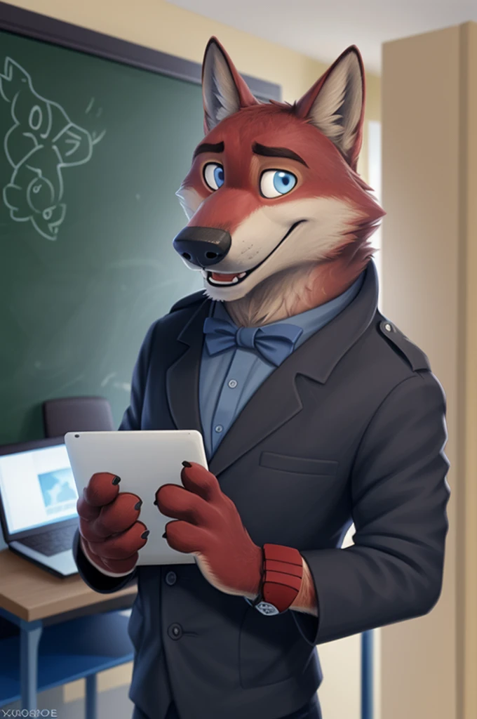 Joachim Wolfbach (Zootopia),tall handsome, wolf,young, 24 years, brown fur,(red body:1.3),Blue eyes, Moscow Dressed jacket, shirt,Red bow tie,trousers, canine, wolf, detailed fur, Male, second, paw pads, finger claws,Holding a laptop in his hands, At the viewer, 5 fingers, paws, 5 fingers, smile, happy, resting, wrist watch, т nextel, сижу cabinetе, Class, school, by xenoforge, (difficult, high detail, film photography, soft focus, RAW, pilot in training,smile смех, teacher школы, cabinet, Class,teacher, standing at the blackboard, open mouth, teaches photorealism, realistic, photorealistic, analog style, subsurface scattering, 
masterpiece, Best quality, ultra realistic, 8 thousand.)