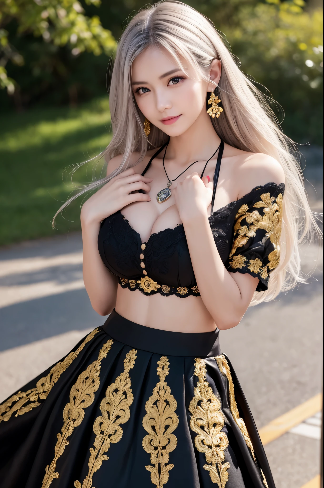 (8k,Realistic　RAW Photos　Highest quality;1.4) 1woman) 美しいSilver Hairの女神　(Lively Faces)　(Tabletop, Highest quality, Realisticです, High resolution, :1.3), closeショット, Sharp focus, 1 カールしたSilver Hairのwoman, ヨーロッパ系woman, Hot Model, abdomen, Very detailed eyes with golden pupils, Realistic skin, Slim figure, Perfect body, Very large breastsには谷間がある, Very Fine Hair, Delicate and sexy face, sensory gas, Glossy Lips, ((She wears a beautiful black and gold outfit with a black skirt and gold embroidery。.,Wear a pendant)), Outdoor, ((Realistic, 超Realistic, realism, Realistic詳細))　Beautiful expression　charm　(Realistic Skin)　超High resolution　超Realistic　Advanced Details　grassland, Flowers and beautiful mountains in the distance々々,Purple Earrings,Split Avemar Paladin,woman,超Realisticな肌,smile,close,Top View,Rich colors, Backlight, Cinema Lighting, Film Grain, 50mm lens, Nikon D850,超High resolution,Ultra-realistic,Compensate,Super sexy,Silver Hair,Very large breasts,Grace,Sexy pose,