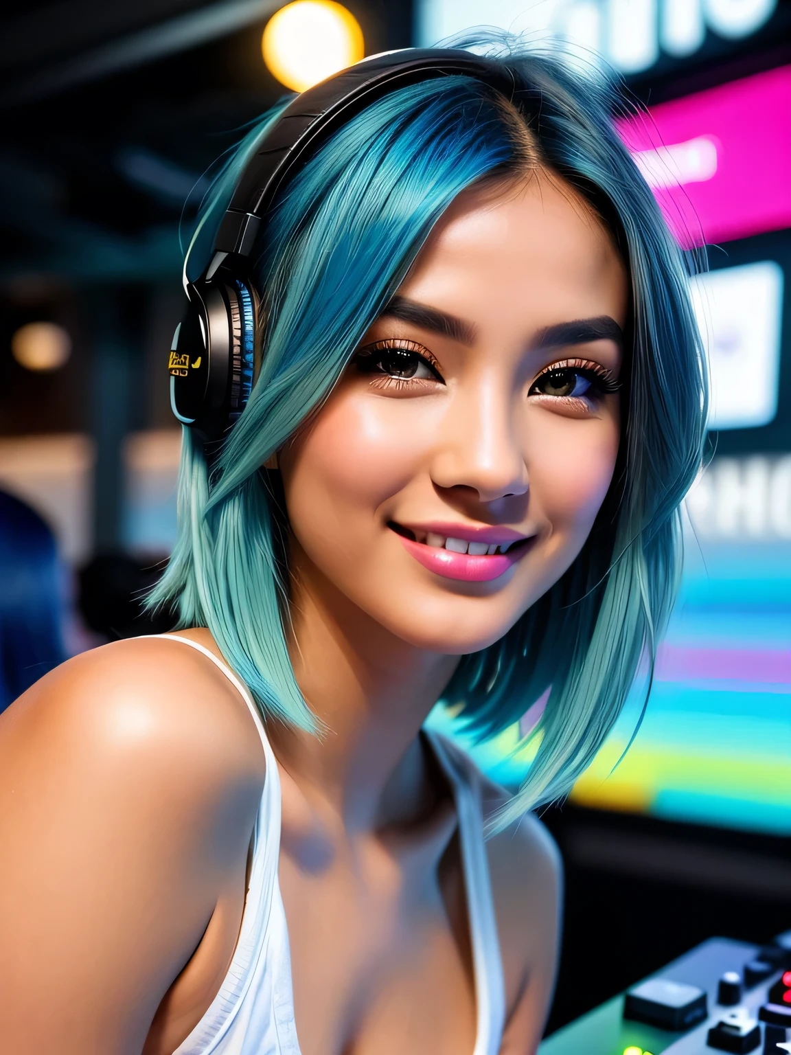 (blue hair:1.4), short hair, realistic green eyes, cobalt hair, long bob hair, tousled hair, shoulder length hair, Full body, woman with white skin and Asian features, 24 year old, big breast. She has a small, elegant nose with a slight upward curve at the tip. Her lips are full and naturally pink, with a well-defined Cupid's bow. Her teeth are straight and white, enhancing her captivating smile. Her face has an oval shape with high cheekbones that add to her model-like appearance. highly detailed glowing eyes, specular light, extreme quality, crystal clear, cute face, detailed skin pores, oil Dark skin, brown, complex eye details, 8K, The upper part of the body, Female DJ, Colorful clothes , Perfect and beautiful facial features, Vibrant appearance, Sexy accessories, Creative behavior, Imaginative, Sensual, Spontaneous, DJ headphones, Mixing Console, Music Clubs, night club, Independent cinema, People dancing on dance floor background, Underground danceclub, Highest quality, Skin texture, Intricate details, (Cinematic lighting), RAW photo, 8K,
, (short hair:1.2), (short hair:1.3), (short hair:1)