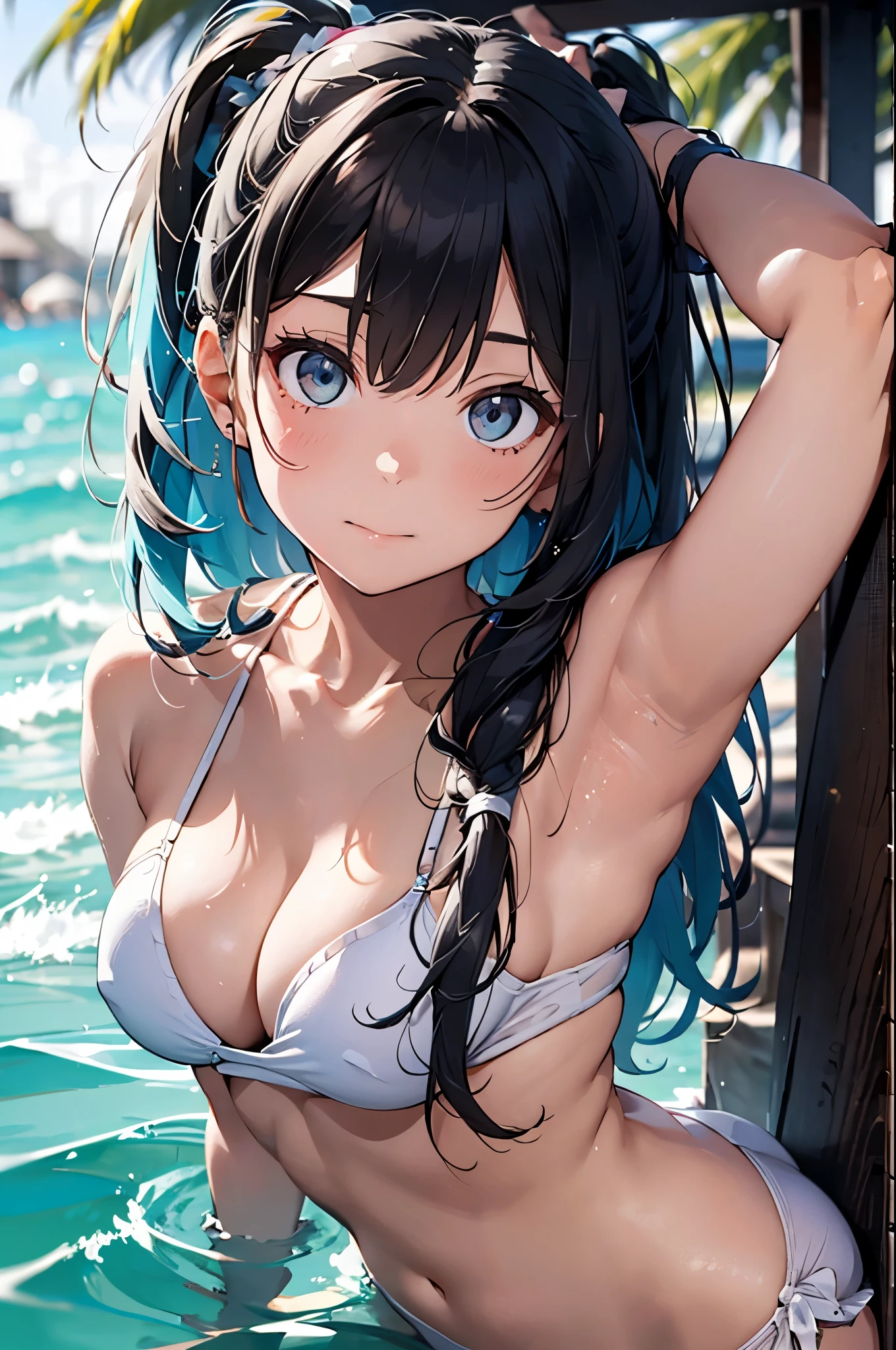 High resolution,topless、
One beautiful young woman,Light blue hair、ponytail、
(Soft Saturation:1.3), (Fair skin:1.2),
(ultra-Detailed Background, Detailed Background), Bokeh,
break&#39;Portrait of a smiling girl.,
When viewed from the front, The composition is symmetrical,
Looking straight at you with serious eyes,
break Swimwear, White Bikini, Center of chest, 
Outdoor, Sea surface, null, sunlight,Summer beach, Sandy Beach,
Strong light, Front lighting, 
(:1.3), (Cowboy Shot:1.2),
Front brake angle,
View your viewers,
Dynamic pose,
sitting on the beach

Seaweed、Seaweed、Seaweed、Seaweed、Seaweed、Seaweed、Seaweed、