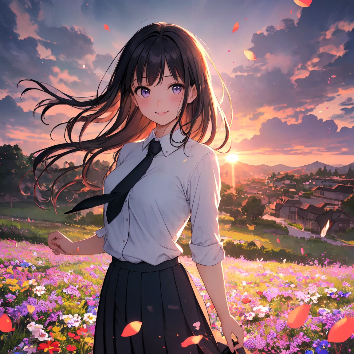 (( best quality, masterpiece, 4k, 8k, 16k, absurdrity, retina, High quality CG, Beautiful CG, Soft Light, Octane Rendering)), Ultra-Wide Angle, POV, anime style, 1girl, smile, blunt bangs, drooping eyebrows, aqua eyes, glowing eyes, meadow, smile, long white shirt, black flowing pleated skirt, lace-trimmed skirt, black necktie, BREAK looking at viewer, blush, facing shot, sunrise backlighting, cloudy, purple and blue gradient sky, surrounded by glowing butterflies, award winning, vibrant colors, flowers flying, bloom, petals falling, cowboy shot, view from above, dreamy touch, hand on cheek