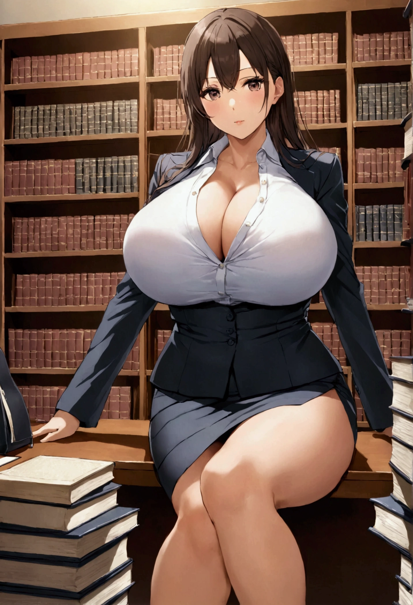 japanese lawyer, gigantic breasts, business suits, tight skirt, cleavage:-2, (buttoned shirts:1.3), Law Firm, He is sitting at a desk with a shelf full of law books behind him.