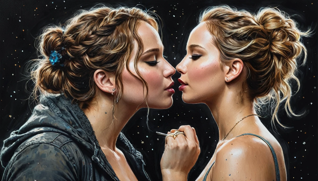 Full body,
a Jennifer Lawrence kissing  with her best friend her muscle gorila,
dark complex background, style by Thomas Kinkade+David A. Hardy+Carne Griffiths+Mandy Disher half vivid colors fine art, best quality, high detailed, detailed faces, 2d,