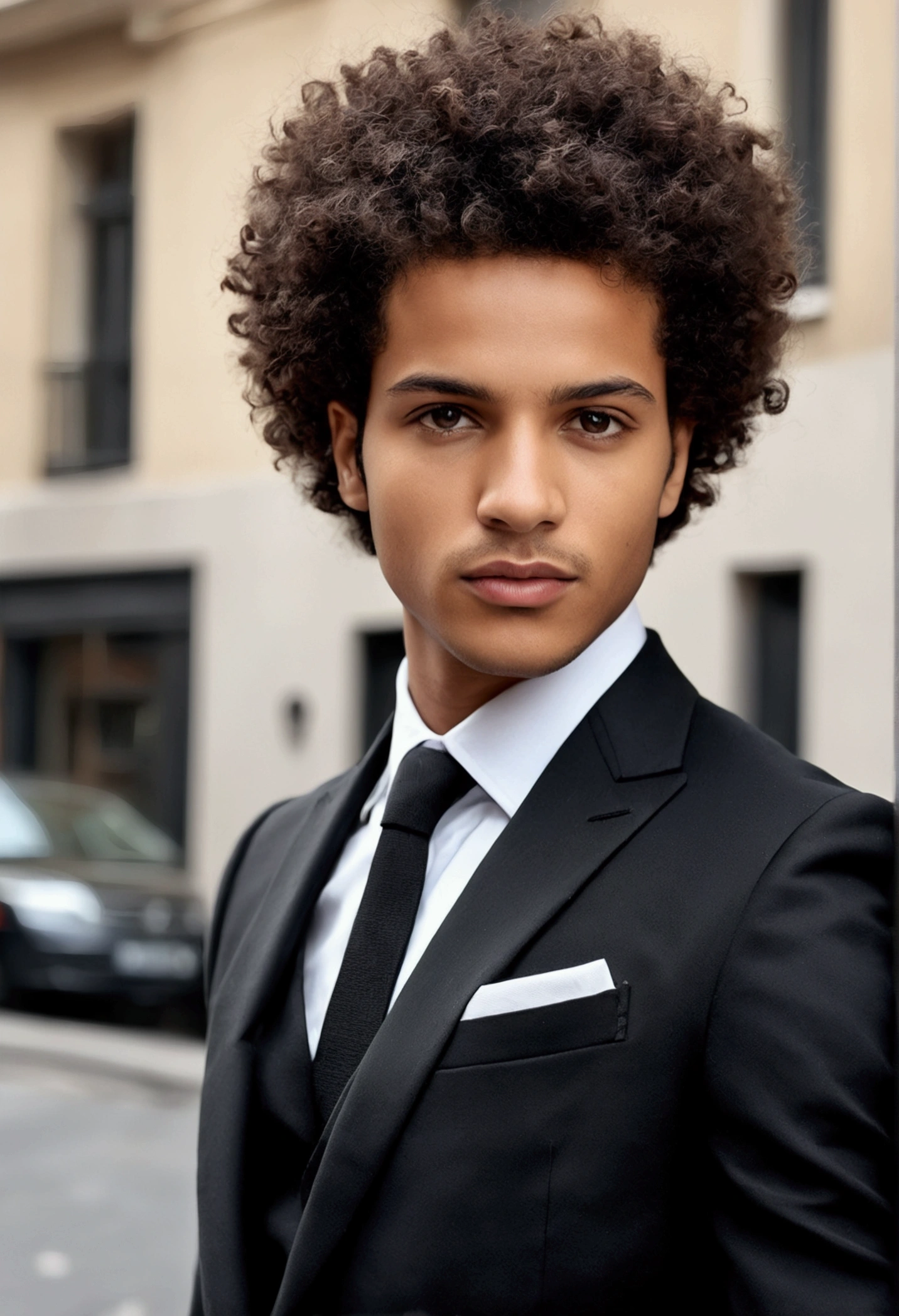 Le beau look énigmatique – Des yeux saisissants et courts. cheveux noir rasé et bouclés courts, (rasé:1.3), (25ans:1.3). -style brut lightskin; suit; 