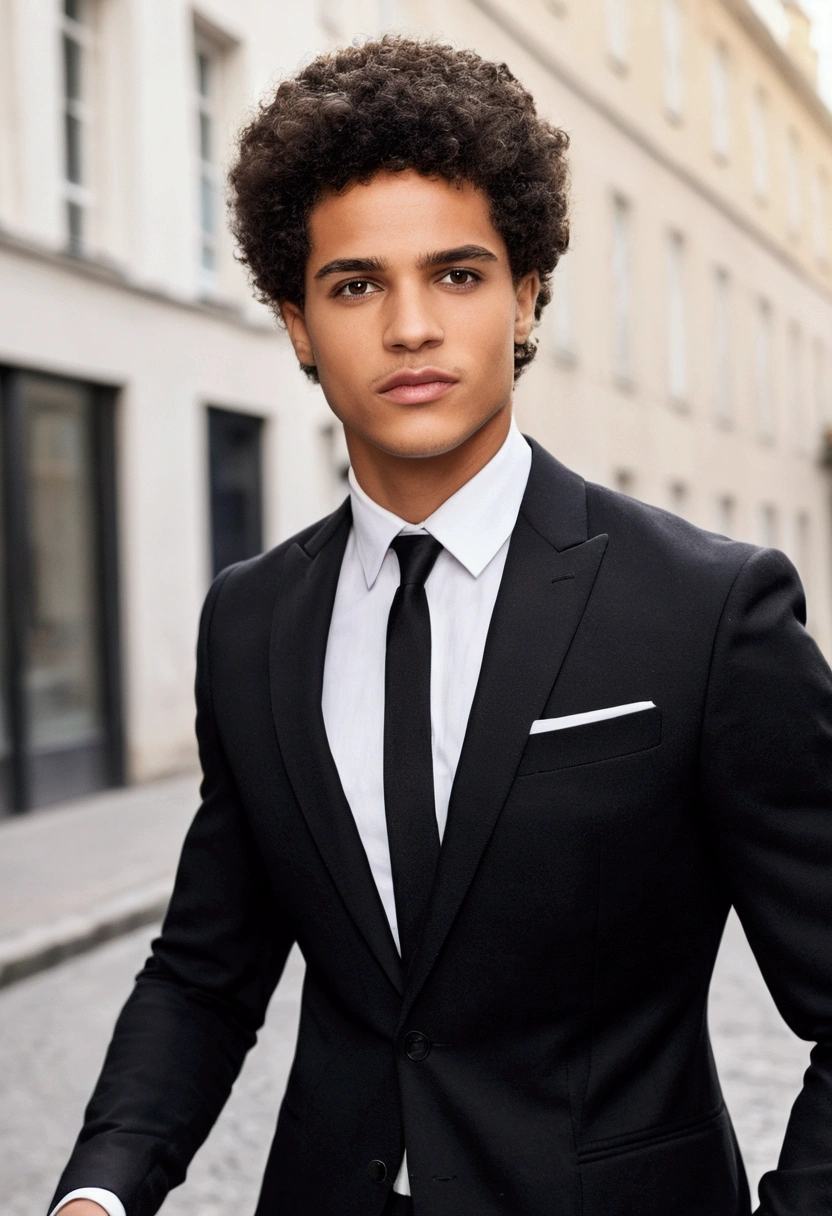 Le beau look énigmatique – Des yeux saisissants et courts. cheveux noir rasé et bouclés courts, (rasé:1.3), (25ans:1.3). -style brut lightskin; suit; 