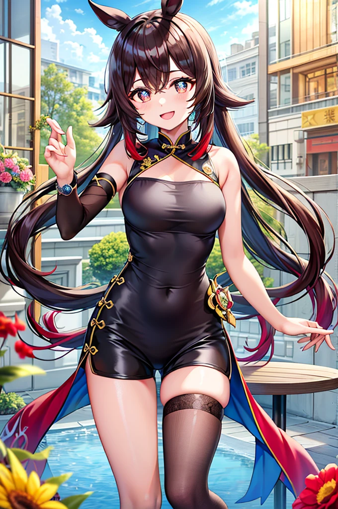 (best quality), (table top), ((beautiful:0.75) cute young woman:0.75), [clear and clean] Pixieve (illustration), (turtle ears/(Genshin Impact/)), conjunctivitis, Flower-shaped pupils, have, long brown hair, smooth, twin tail, Chinese clothes, black shorts, wide arms, smile, Light blue dress, watch, smileให้ฉัน, kind, watchแล, beautiful, love me with all my heart, bare, haveเพศสัมพันธ์,