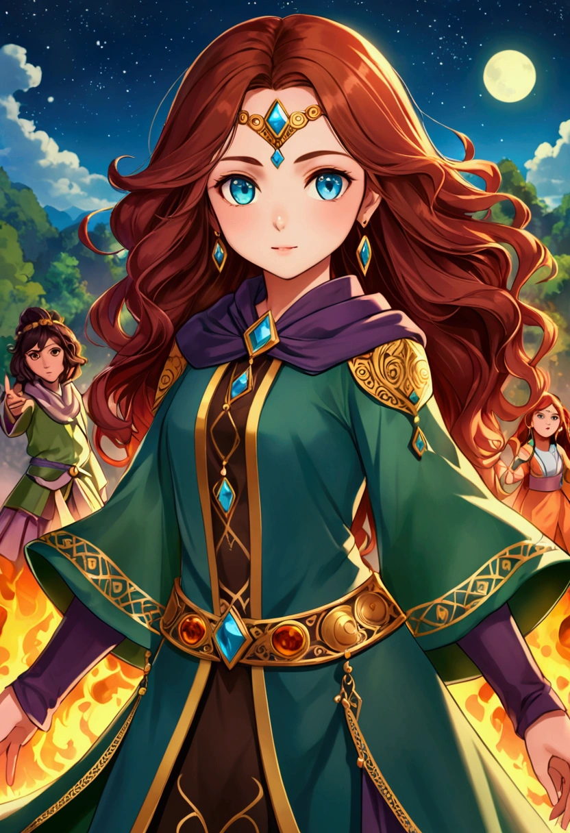 • Laila, the young girl, has long brown hair that falls on her shoulders, and big brown eyes that reflect intelligence and curiosity. She wears adventurous clothing that leans toward warm colors with a bright green robe that reflects her boldness and inner strength. The evil witch appears with strong features and a mysterious appearance. She wears a luxurious outfit in dark colors and is characterized by long black hair that falls on her shoulders, and cold blue eyes that reflect her strength and ferocity. Laila's friends have diverse personalities, some of whom have short, shiny red hair, bright blue eyes, and adventurous clothes that match his lively and fun nature.