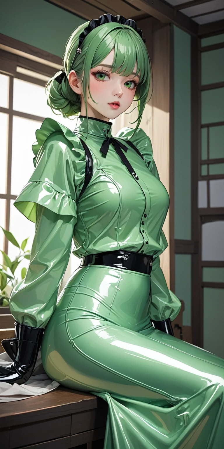 Portraiture、(masterpiece,Highest quality,Ultra-high resolution),Japanese women, (((Very beautiful 25 year old girl))),(Pale green latex maid outfit)、((Pale green latex long skirt))、(A long-sleeved latex shirt that covers the upper body)、Pale green latex gloves、Pale green latex boots、Pale green latex bodysuit、Frills、The clothes fit snugly to the body、Latex is very shiny、Dark Room、