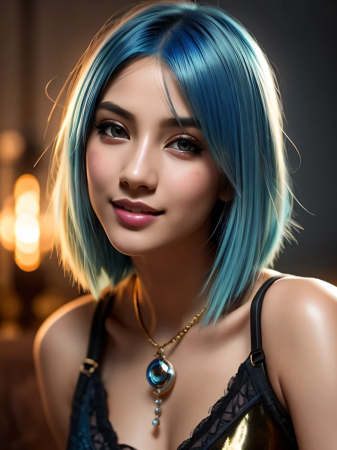 (blue hair:1.4), short hair, realistic green eyes, cobalt hair, long bob hair, tousled hair, shoulder length hair, Full body, woman with white skin and Asian features, 24 year old, big breast. She has a small, elegant nose with a slight upward curve at the tip. Her lips are full and naturally pink, with a well-defined Cupid's bow. Her teeth are straight and white, enhancing her captivating smile. Her face has an oval shape with high cheekbones that add to her model-like appearance. highly detailed glowing eyes, specular light, extreme quality, crystal clear, cute face, detailed skin pores, oil Dark skin, brown, complex eye details, 8K, (best quality,4k,8k,highres,masterpiece:1.2),ultra-detailed,(realistic,photorealistic,photo-realistic:1.37),portrait,beautiful detailed eyes,beautiful detailed lips,extremely detailed eyes and face,long eyelashes,fashionable,stylish,confident,energetic,young woman, crop top,miniskirt,nightclub dress,neon lights,dynamic pose,vibrant colors,glamorous makeup,shiny glossy texture,party atmosphere,nightlife,people dancing,music,disco ball,excitement,dance floor,high heels,fashion accessories,strobe lights,spotlight,cityscape backdrop
, (short hair:1.2), (short hair:1.3), (short hair:1)