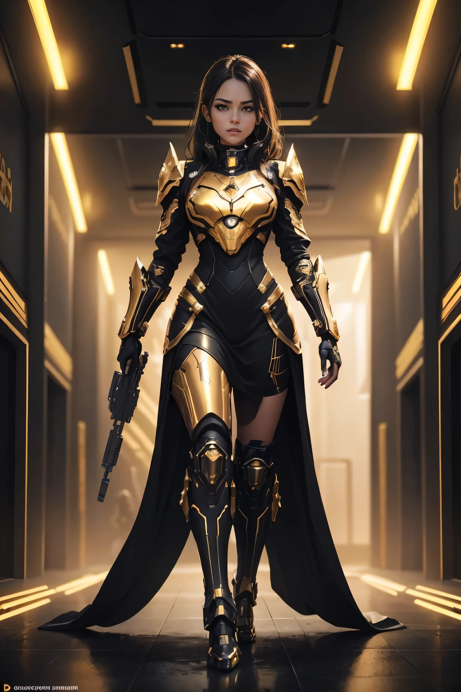 a woman in a black and gold outfit holding a gun, amazing 8k character concept art, epic scifi character art, black and golden armor, clothed in sci-fi military armor, epic sci - fi character art, black and gold armor, epic sci-fi character art, scifi woman, sci fi female character, girl in mecha cyber armor