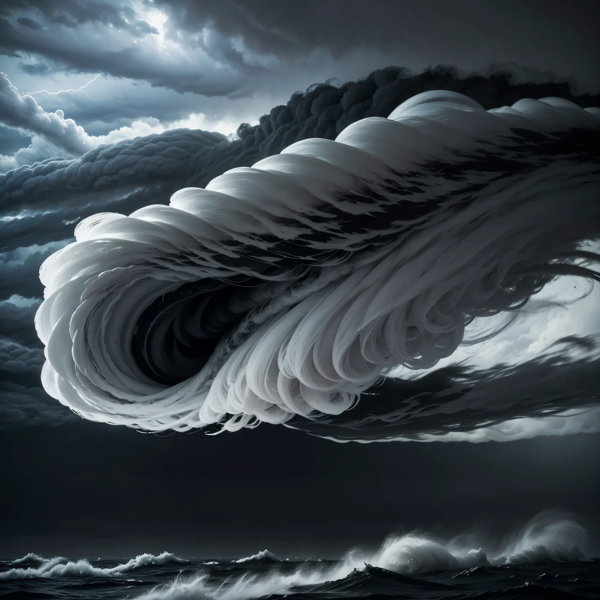 Black and white photograph of a tornado cloud, thick, swirling tornado, tornado of thick, swirling smoke, tornado, image of a tornado, tornado, stylized storm, beautiful tornado, Detailed swirling water tornado, sinister and intense, swirling sky with black wind, stylized liquid smoke swirling, a massive tornado approaching, fire tornado