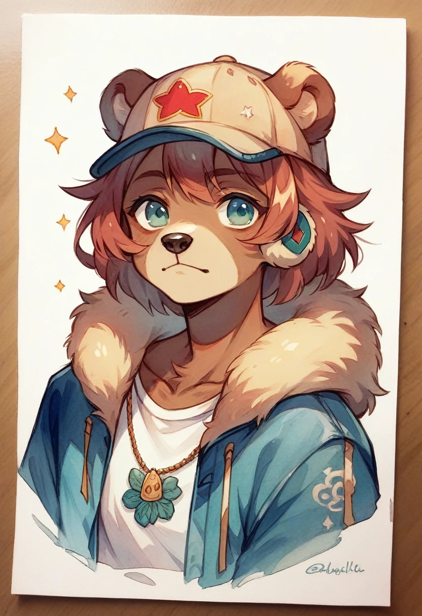 Watercolor drawing, bear in a hat with earflaps, with balalaika with Russian pattern