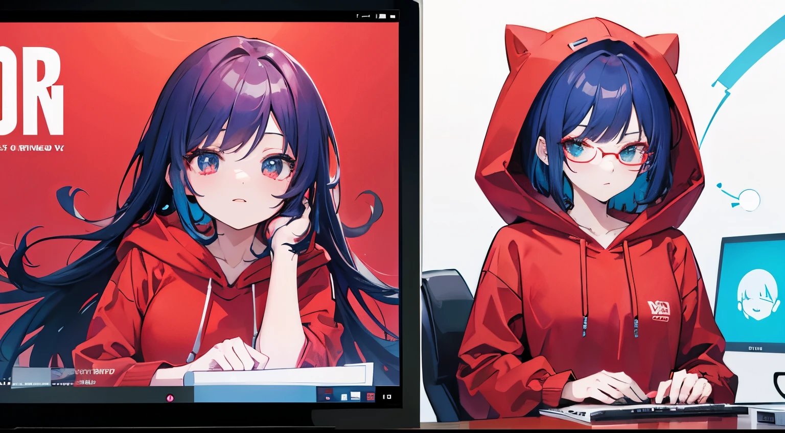 geeky smart anime cute,attractive girl talking wearing a red hoodie. she is sitting behind a laptop and microphone,looking left to camera,left centered character portrait,character in middle,cool background with red,green and blue lights,square big screen showing anime wallpapers on right side