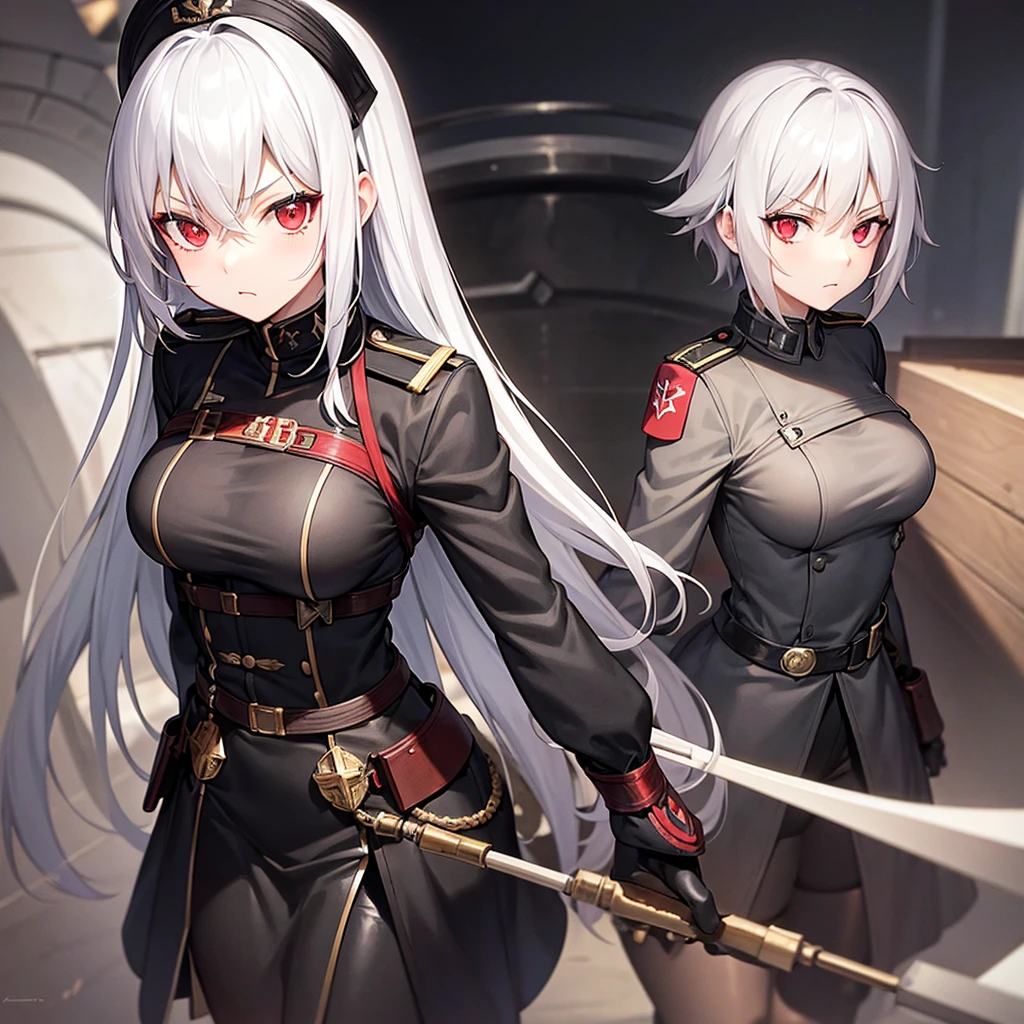 Black german world war 2 outfit, young 18 year old female, white hair, red eyes, serious expression, war background, anime style, hentai art, nude. 