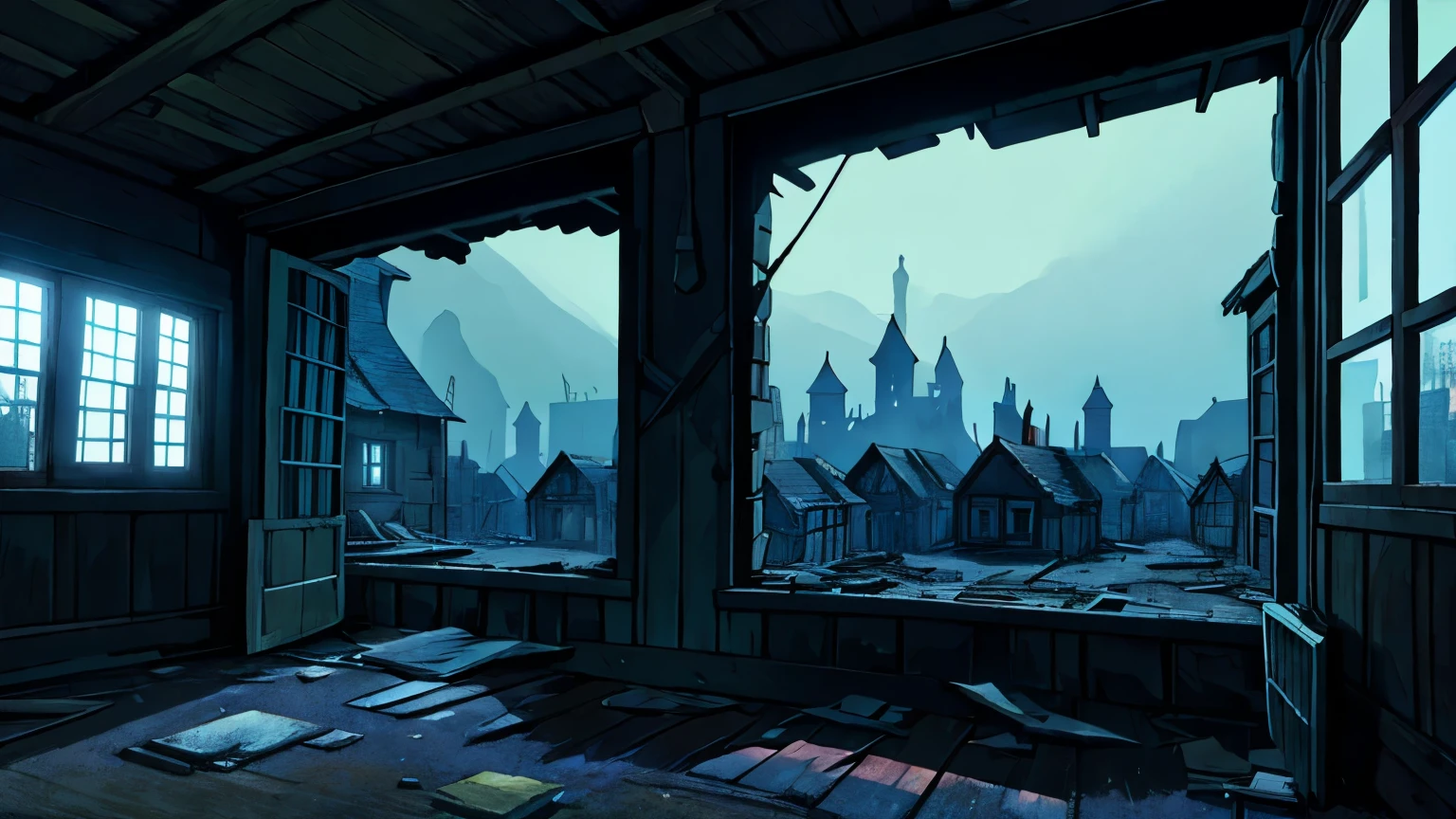 Wide angle view of a village with dilapidated houses. The windows are dark and empty, and the buildings lean precariously. The atmosphere is eerie and abandoned.