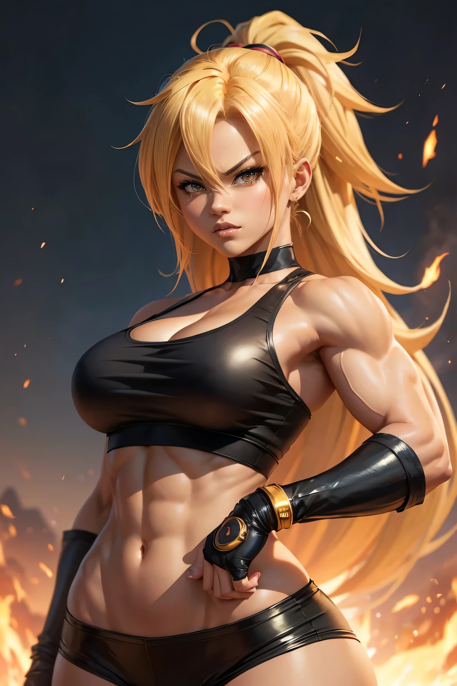 a close up of a woman with a blond hair and a black top, saiyan girl, female protagonist :8, detailed anime character art, badass pose, muscular girl, female anime character, female goku, powerful stance, anime character, muscular character, anime character art, feminine and muscular, she is ready to fight, strong pose, anime style character
