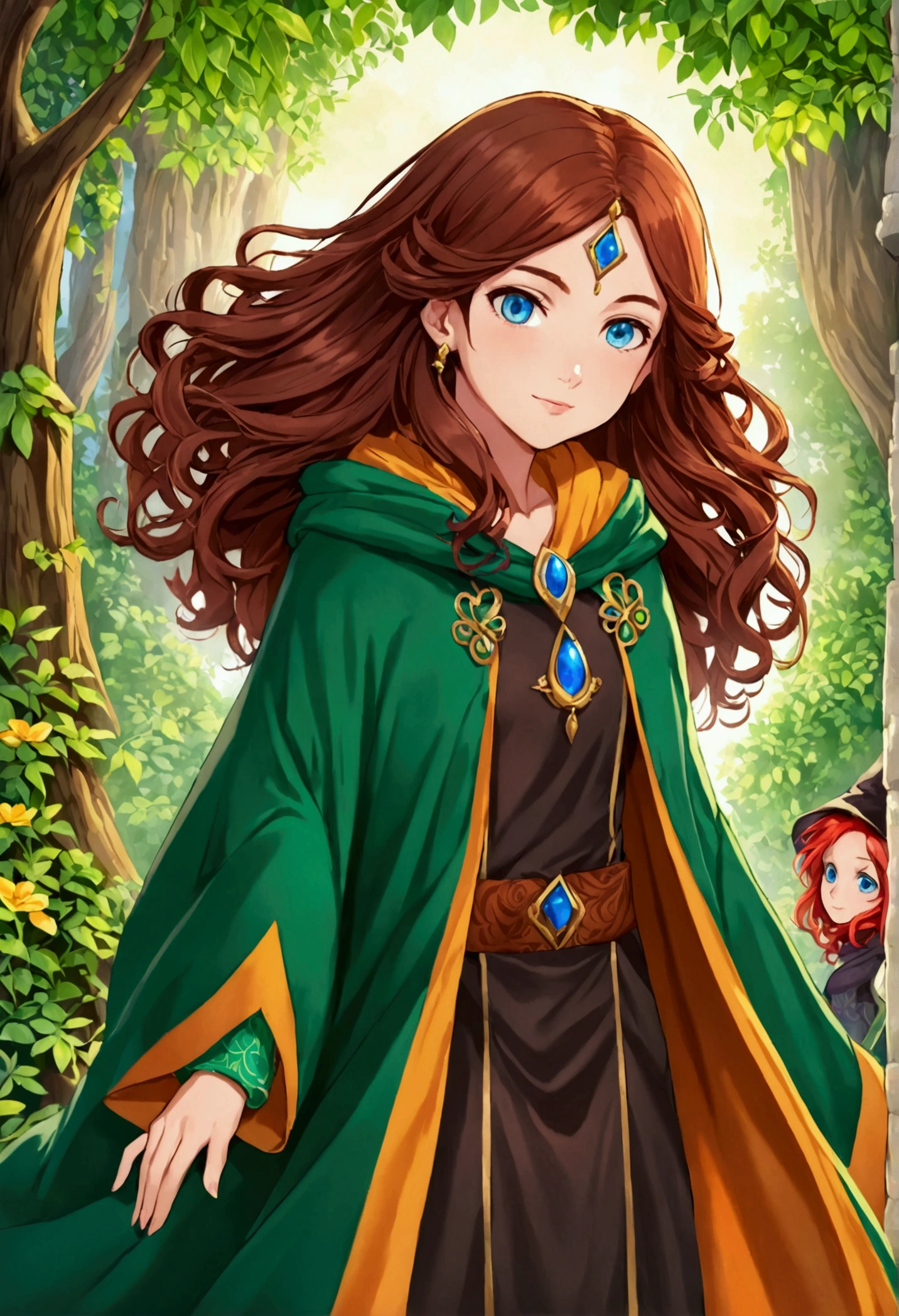 • Laila, the young girl, has long brown hair that falls on her shoulders, and big brown eyes that reflect intelligence and curiosity. She wears adventurous clothing that leans toward warm colors with a bright green robe that reflects her boldness and inner strength. The evil witch appears with strong features and a mysterious appearance. She wears a luxurious outfit in dark colors and is characterized by long black hair that falls on her shoulders, and cold blue eyes that reflect her strength and ferocity. Laila's friends have diverse personalities, some of whom have short, shiny red hair, bright blue eyes, and adventurous clothes that match his lively and fun nature.