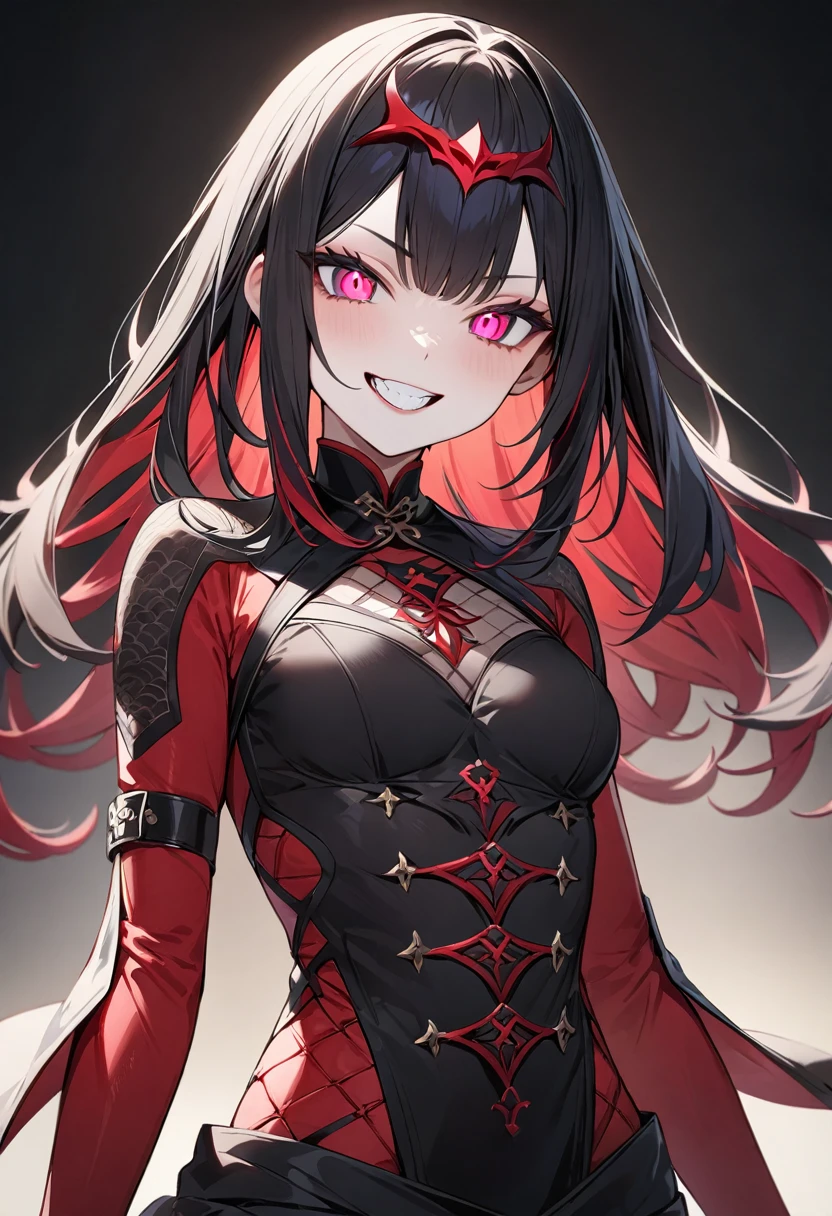 (masterpiece, top quality, very aesthetic, 4k、illustration), intricate detail, 1woman,Standing 、(upper body)、dark persona、(),Cute 、grin、Random Hair Color、,middle hair,sidelock ,Random Color　eyes、ninja clothes、small breasts、Slim 、
