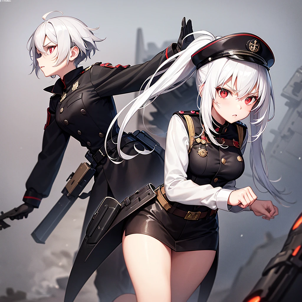 Black german world war 2 outfit, young 18 year old female, white hair, red eyes, serious expression, war background, anime style, battlefield.