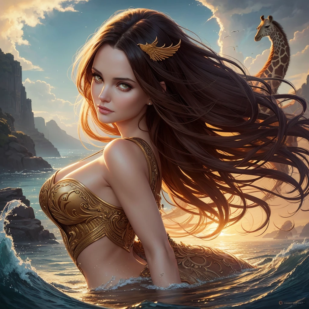 golden hour, front view oil painting of a woman with face of Winona Ryder morphed with Angelina Jolie laughing with gigantic hairdo floating on water, giraffe morphed with lion emerges from water in the background, tears of joy, storks, stunning digital illustration, beautiful fantasy art portrait, a beautiful artwork illustration, charlie bowater rich deep colors, artstyle tom bagshaw, beautiful digital illustration, beautiful fantasy portrait, portrait of a dark fantasy nymph, exquisite digital illustration, in style of anna dittmann