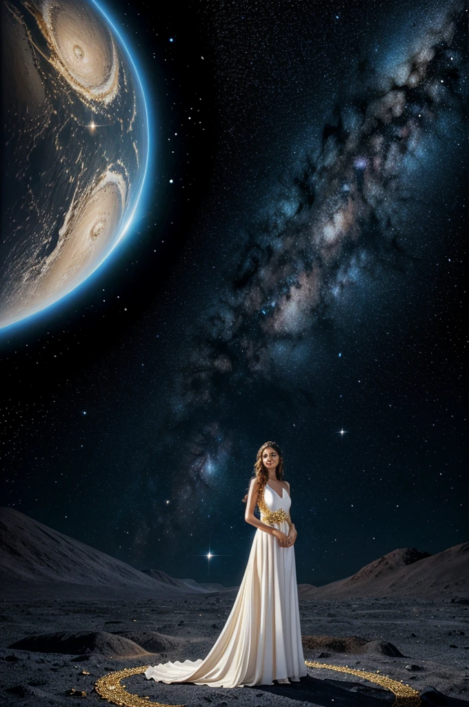 Create an image of a woman in a flowing, elegant white dress adorned with gold accents, standing against a cosmic background with galaxies and stars."