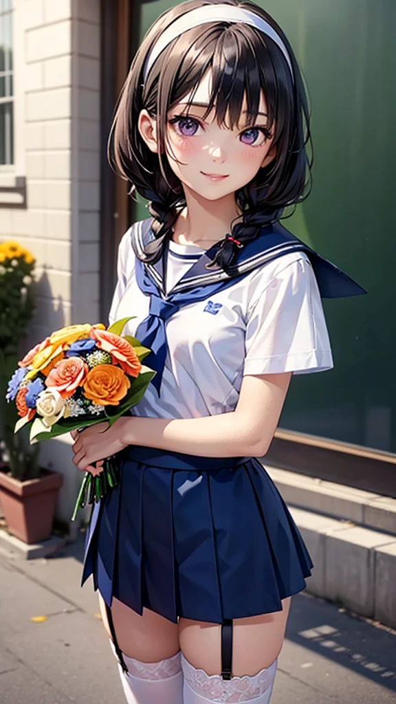 Sailor suit, Sailor suit, One Woman, (Beautiful woman, Delicate schoolgirl:1.3), 8k, Highest quality, masterpiece, Very detailed, Ultra-high resolution, Realistic, RAW Photos, Absolute Resolution, Black Hair, Braided hair, face is small compared to body, Very small face, Black Hair, Navy blue Sailor suit, Navy Blue Skirt, High school girl in Sailor suit, Anime 2D Rendering, Realistic若いアニメの女子高生, , ((White headband)), Small breasts, expensive, Slanted Eyes, Purple eyes, Black Stockings, garter belt, smile, Schoolyard, (With a bouquet in both arms:1.3),