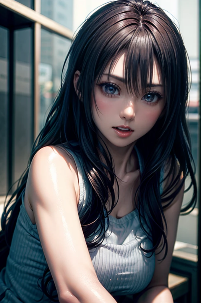 Kaori, Single model, solo, half Asian, half Latino, very long straight black hair, freckles, blushing, wet eyes, long chain pendant, very large heavy breasts, chubby, belly, stretchmarks, (best quality,4k,8k,highres,masterpiece:1.2),ultra-detailed,(realistic,photorealistic,photo-realistic:1.37),detailed portrait, cinematic lighting, natural skin texture, details, dramatic colors, tied up hair, sports wear
