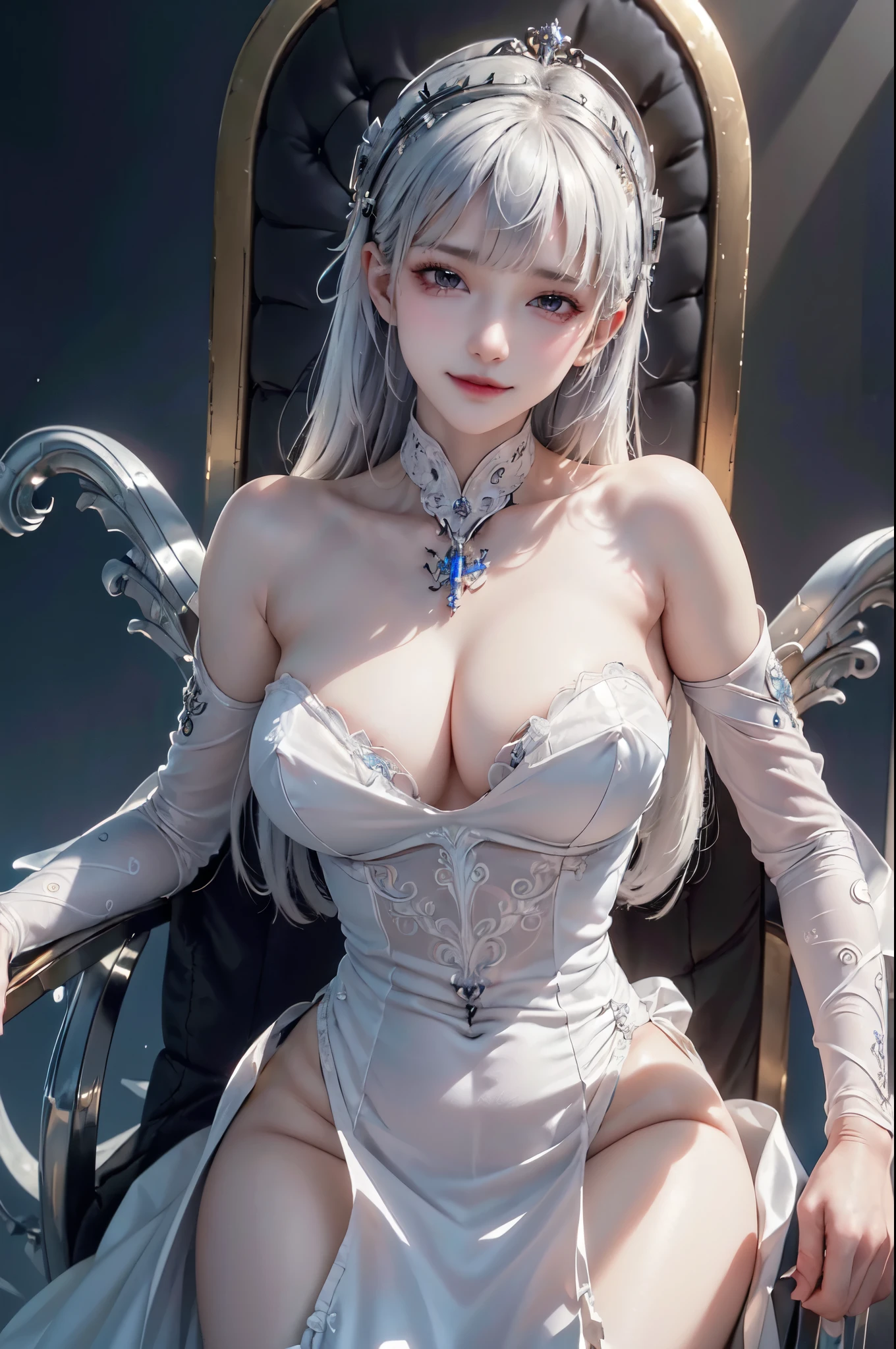NSFW,((top quality、8k、masterpiece:1.3))Wears a silver-white mech,girl with delicate face,Highest image quality,Ultra-clear,Delicate and clear facial features,end of the world,Mechanical arm,Exquisitely detailed mechanical pattern,cyberpunk characters、numbercity、number、century、throne、
