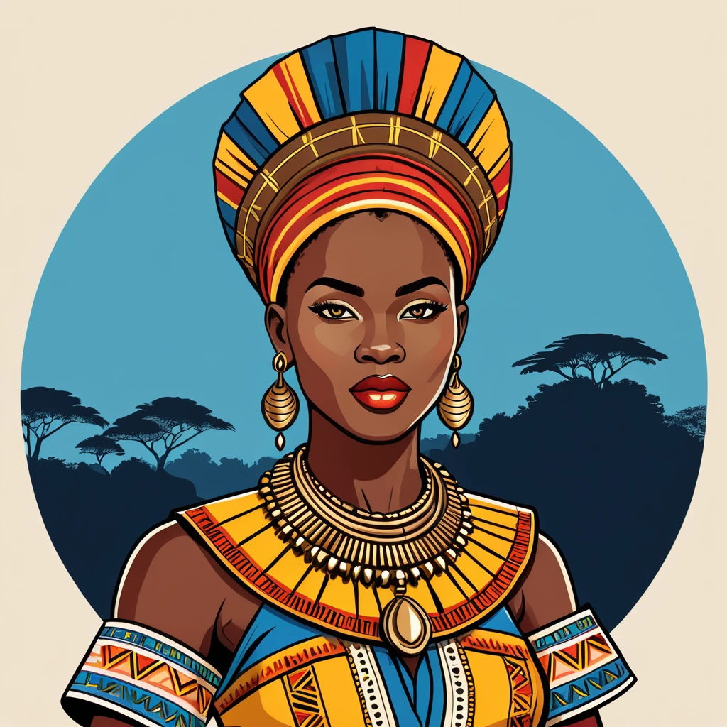 female	warmage	in congo folk outfit	,vector graphics, strong contours, logo design																						