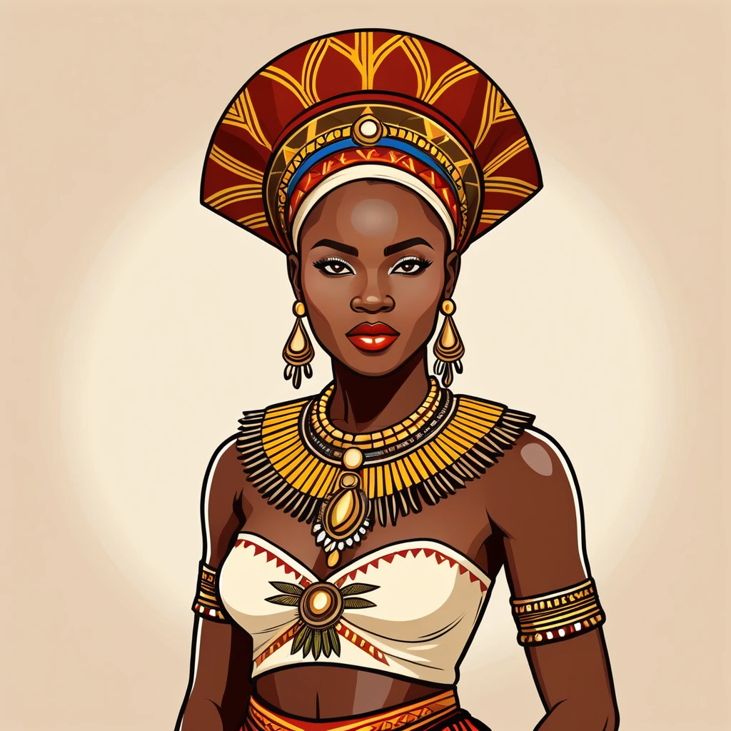 female warmage in congo folk outfit ,vector graphics, strong contours, logo design