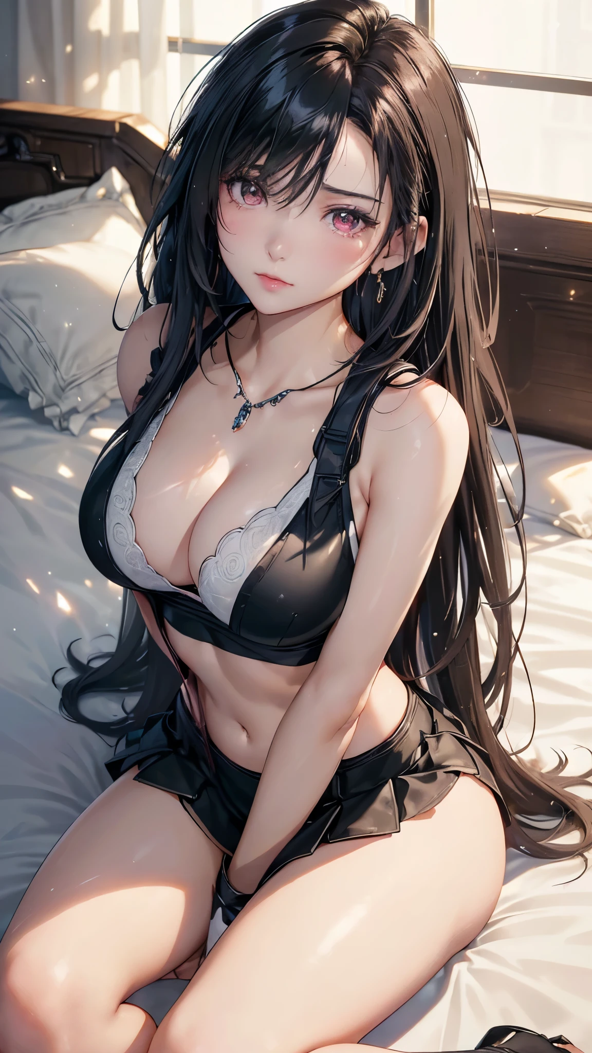 (masterpiece: 1.3), (Maximum resolution: 1.2), (Ultra High Definition TV: 1.2), Cinematic Light, 8k resolution, Detailed facial features , (Sharp focus: 1.2), (Focus on the face:1.2),Perfect Style, Beautiful Face, Acura, Anatomically correct, Two Arms、Tifa Lockhart, Highly detailed face and skin texture, Delicate and beautiful eyes, Glitter Eyeliner: 1 Natural Cheeks, Glowing Skin, Fair skin: 1.2, (Glossy Lips: 1.4),、 (Embarrassed look: 1.2),Highly detailed face and skin texture, The hair is very detailed.、Natural Cheeks, , Glossy Lips: 1.4,Perfect Style、Delicate depiction of hair、The whole body gets wet、Wet underwear、Cleavage、Soft Breasts、(Sperm in the breasts:1.4)(Sperm on thighs:1.4)、 blush、Glaring expression、A humiliating look、Anxious expression、A look of humiliation、Embarrassed look、anger、sorrow、tears、Open your knees、Spread your legs、White bra、Sparkly little earrings and necklace、Disheveled clothes、White panties、sweating、Black Stockings、 (1 girl), Red eyes, Black Hair, Long Hair, Professional Lighting, (Glowing Skin: 1.2), Shiny big, ((Highest quality)), Sharp focus: 1.2, Highly detailed face and skin texture, Detailed eyes, Perfect Face, Perfect body, Blur Art, CG, Big Background , in front (28 years old, 成熟したクールでBeautiful Face), wear (Black skirt with suspenders), Black elbow gloves, White tight shirt, thigh, White tank top),On the bed、(On my back, ベッドにLying down, ベッドにLying downいる, Lying down, White sheets:1.5)、Tentacles and Slime、Covered in mucus、Immediately after being creampied、Self-pleasure、