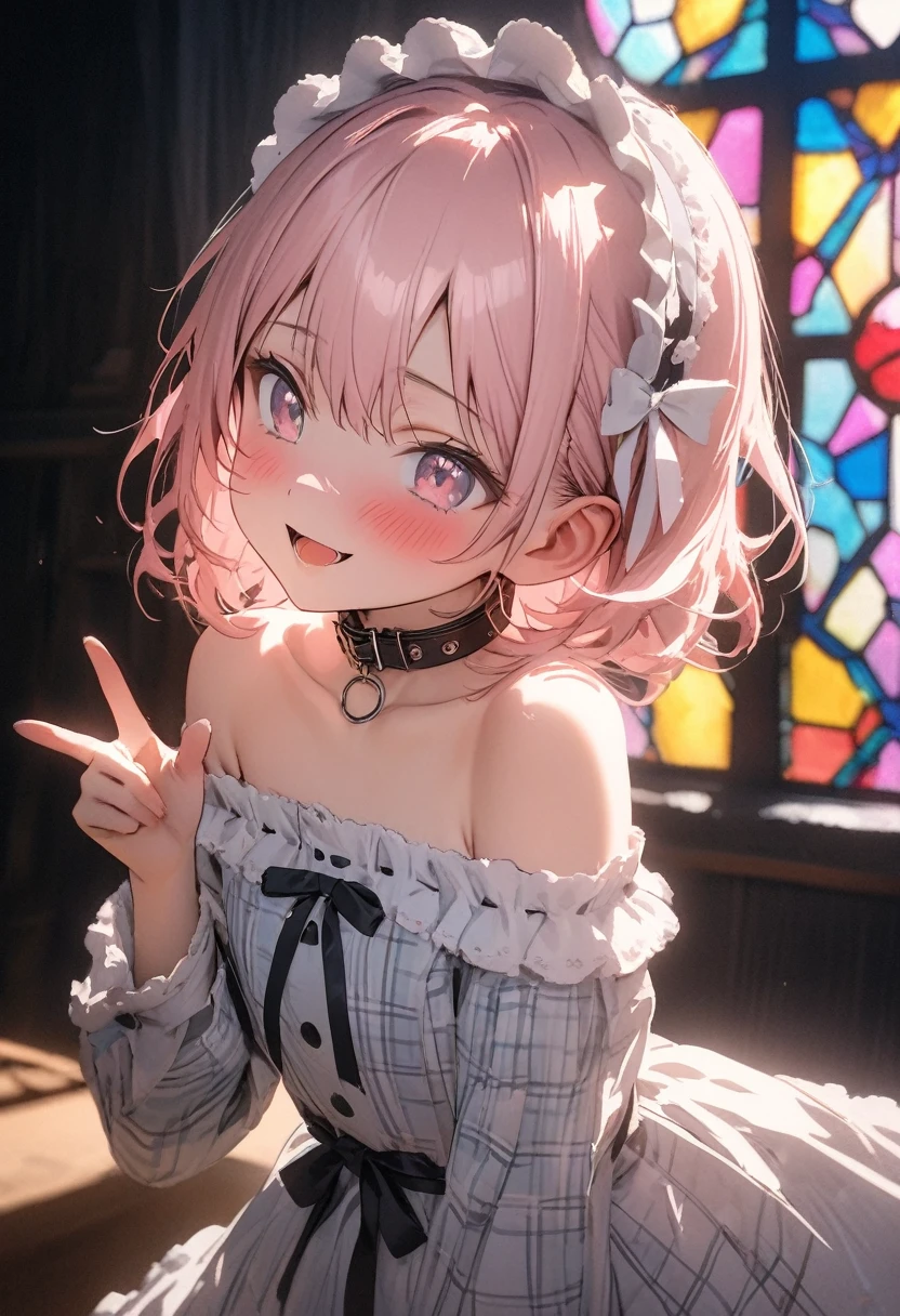 ((Masterpiece)), ((best quality)), ((kawaii)), ((extremely detailed)), (sketch:0.3), (RAW photo:1.2), (8K), (High Definition:1.3), (Professional Photography:1.2), cinematic lighting, (very aesthetic:1.2), (absurdres:1.2), (sharp focus), (perfect light), ((12 years old)), cute teenage girl, Plaid dress, (Off-Shoulder dress), hoop dress, strapless, (lolita fashion), (healthy skin), pale pink hair, ((finger guns pose)), exposed bare shoulder and arms, lolita style, ((looking at another)), ((avert eyes)), naughty smile, blush, open mouth, pretty, lolita makeup, Wearing loose pet collar, ((against the stained glass background)), ribbon belt, beautiful stained glass,