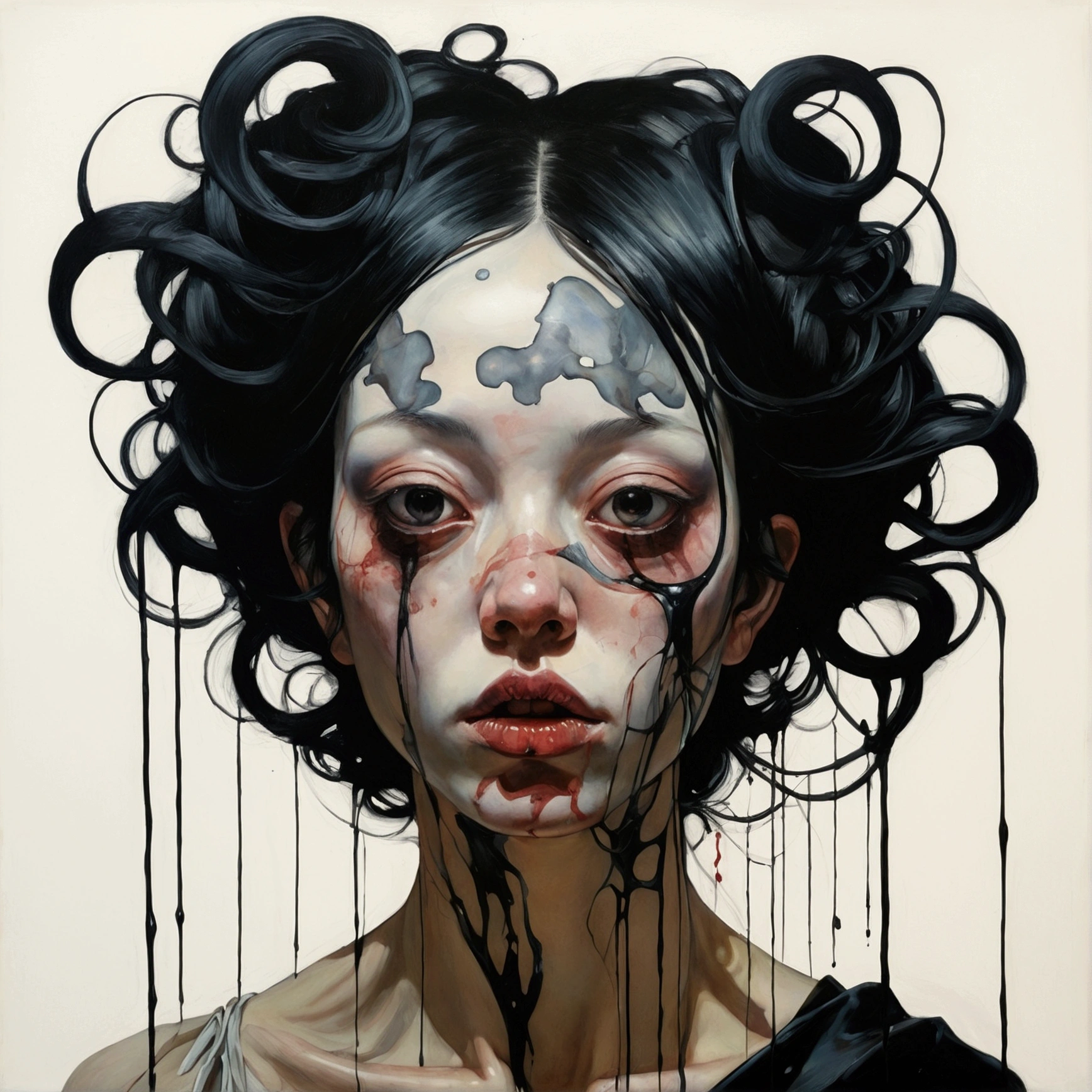 there is ugliness in beauty, But there is also beauty in ugliness. in the style of adrian ghenie, tente Andrews, Jenny Saville, Eduardo Hopper, Surrealism, Black Art by James Jean, takato yamamoto, Minimalist punk ink. Tim Burton style. Gothic.