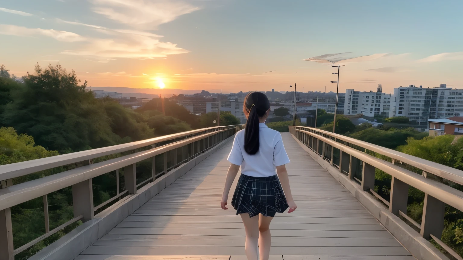 (((Japanese)))(-yeld gi ((((10-year-o gi人、alo))) Black Hair Hair divided into two Short Hair Low ponytail Hair tied up whole body (((Dark tanned skin))) Public elementary school Checkered Skirt Visible through the gap(Panties) Descending the steps of a footbridge ((drop bowknott)) Fine skin Pantiesストッキング Beautiful sky sunset smile Back view Walking