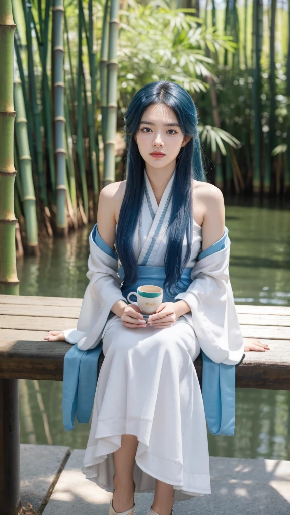 masterpiece, Highest quality, Official Art, 8k wallpaper, Very detailed, figure, 1 girl, Sky blue hair, Short Hair, Detailed eyes, Forrest Gump, Exposing shoulders, Hanfu, lake, Pure, A kind smile, bamboo, tea