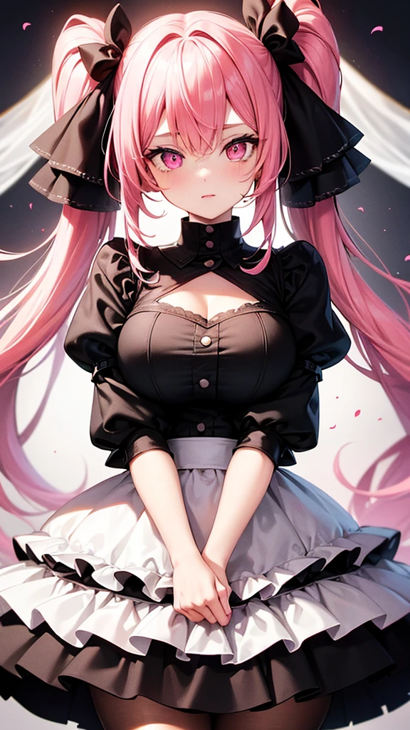 (Highest quality,High resolution,Very detailed,girl),black tights,Pink Hair,Height: 160cm,cute,Pink Eyes,Twin tails,Big Breasts,Wear a wedding dress for a wedding,Her eyes are white and shining,Has bright white eyes,Looking at me with a bright face,