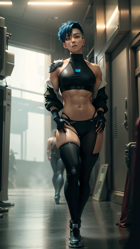 Change background cyberpunk handsome boy, realistic face, 8k, ultra realistic, long legs, thick thighs, large wide hips, thin and narrow weist, big large feminine breasts, large male reproductive organs, very small spikey boyish haircut, wearing blue leggings and tank top