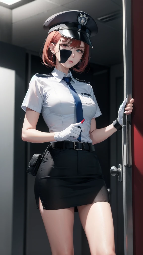 policewoman uniform, light blue short sleeved shirt, navy necktie, high waisted miniskirt, belt, white gloves, police hat, handcuffs, absurdres, RAW photo, extremely delicate and beautiful, masterpiece, Best Quality, ultra high resolution, 32k, hyperrealistic, ultra-detailed, detailed description, pale skin, 20 years old, tearful mole, earring, short medium hair, wavy hair, whole body shot, legs, Redhead, Red eyes,