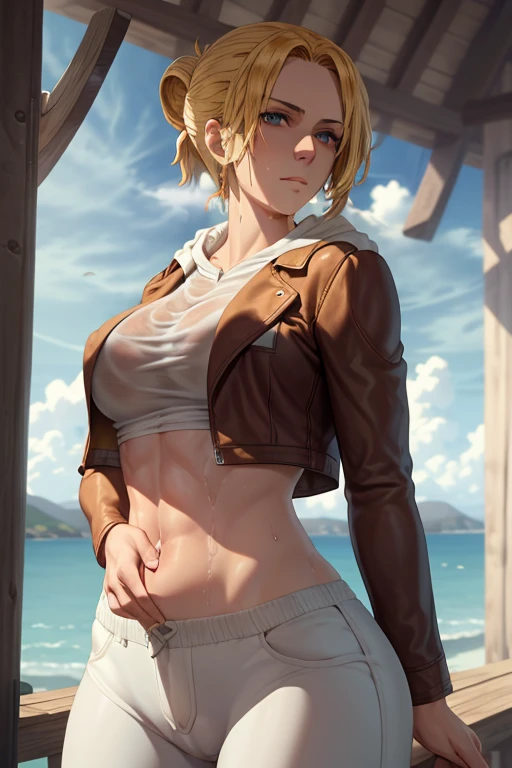 masterpiece,best quality,high resolution,8k,ultra HD,wallpaper,illustration,beautiful detailed eyes,perfect face,cowboy shot,beautiful detailed eyes,extremely detailed face,perfect lighting,extremely detailed CG,perfect hands,perfect anatomy,perfect body,perfect hands,perfect fingers,1woman,full body,,(muscle fighter:1.1),yellow single bun hair,blue eyes,large breasts,Medium ass,medium nipples,white hood inner t-shirt,Brown Leather jacket,White very short pants,clothed,looking at viewer,sexy look pose,cameltoe,Steam,Wet,sweat,1person,sea